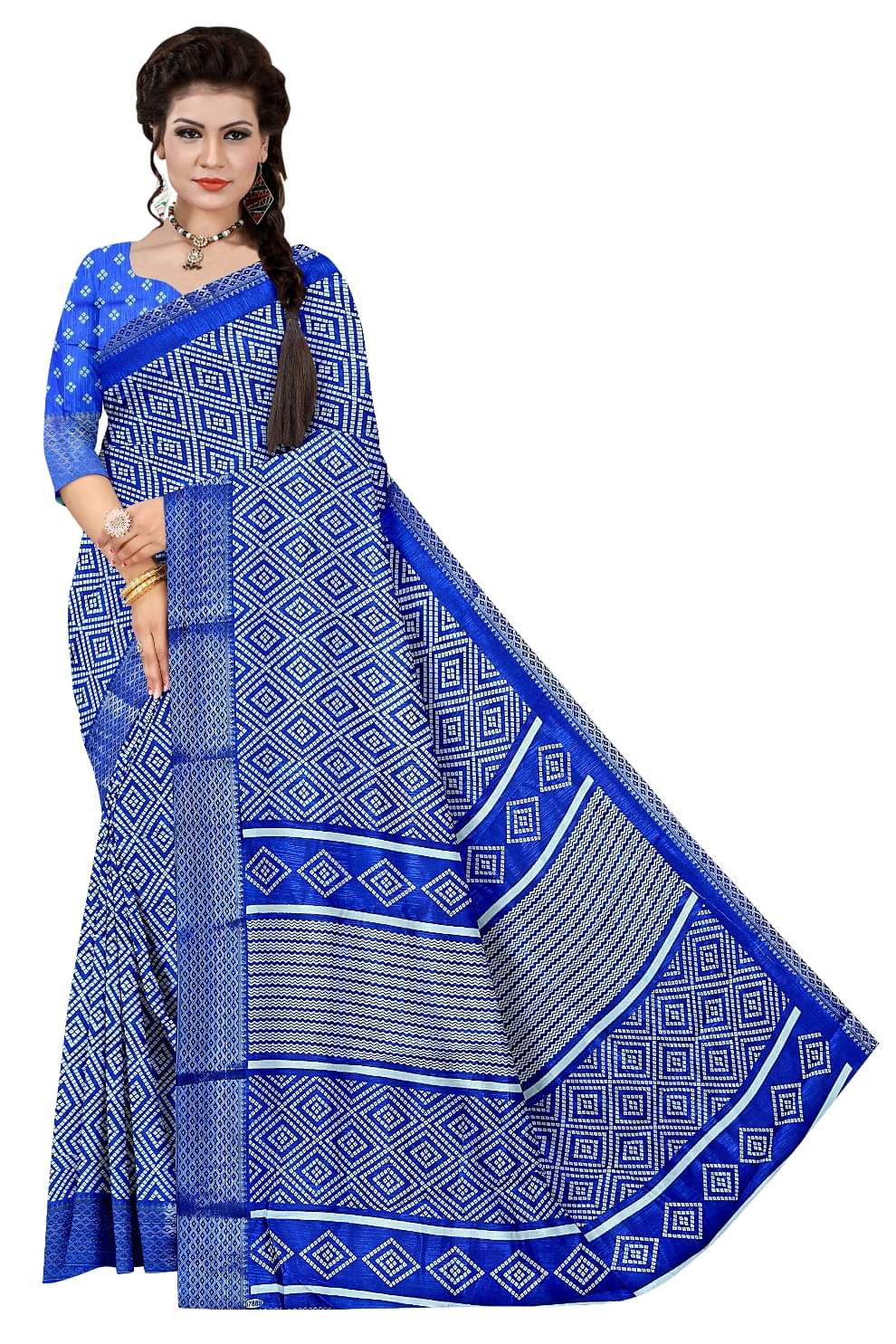 HEMA SILK MILLS Cotton Blend Printed Regular Saree With Unstitched Blouse Piece ( Blue )     			HEMA SILK MILLS Cotton Blend Printed Regular Saree With Unstitched Blouse Piece ( Blue )