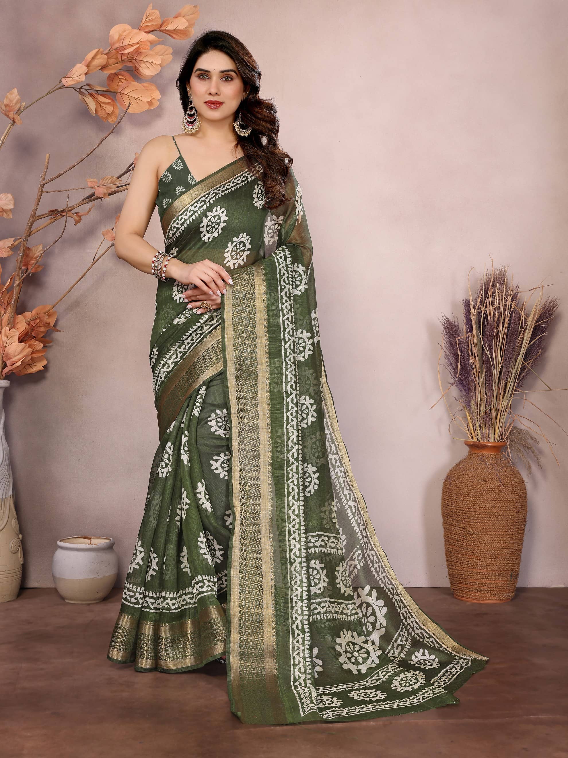 HEMA SILK MILLS Cotton Blend Printed Regular Saree With Unstitched Blouse Piece ( Olive ) - Sarees | Buy online on ZillyBuy