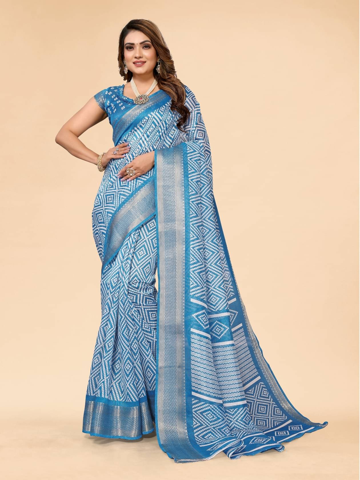     			HEMA SILK MILLS Cotton Blend Printed Regular Saree With Unstitched Blouse Piece ( Sky Blue )
