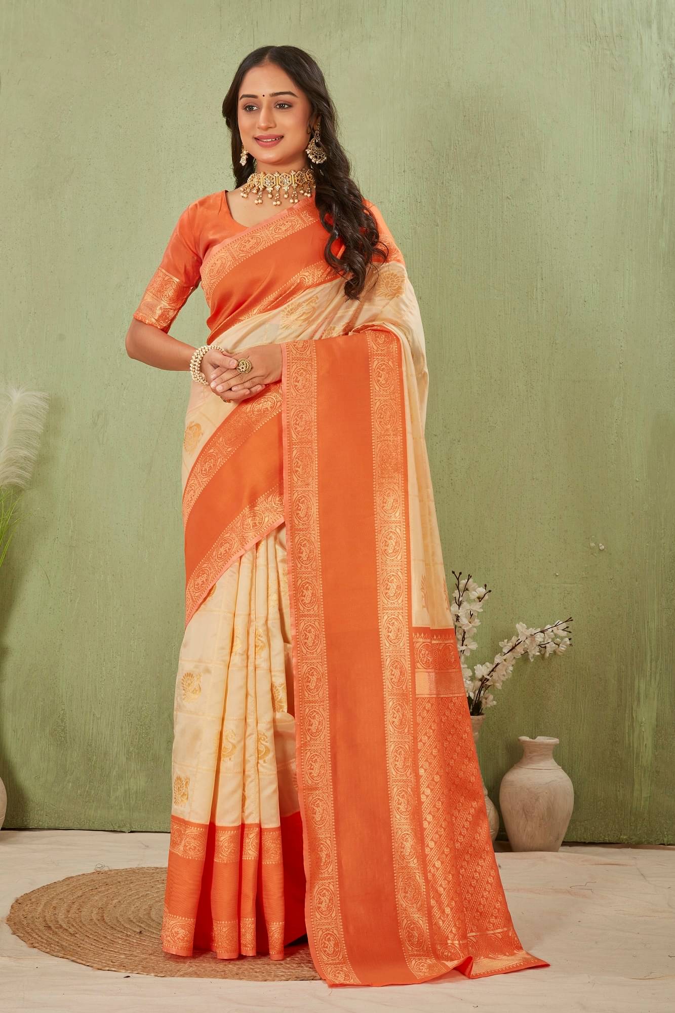     			HHBR Jacquard Woven Kanjeevaram Sarees With Unstitched Blouse Piece ( Beige,Multicolor )