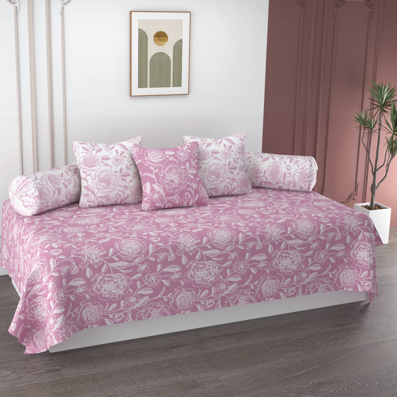     			HIDECOR Microfibre Floral Diwan Set 6 Pcs - Pink