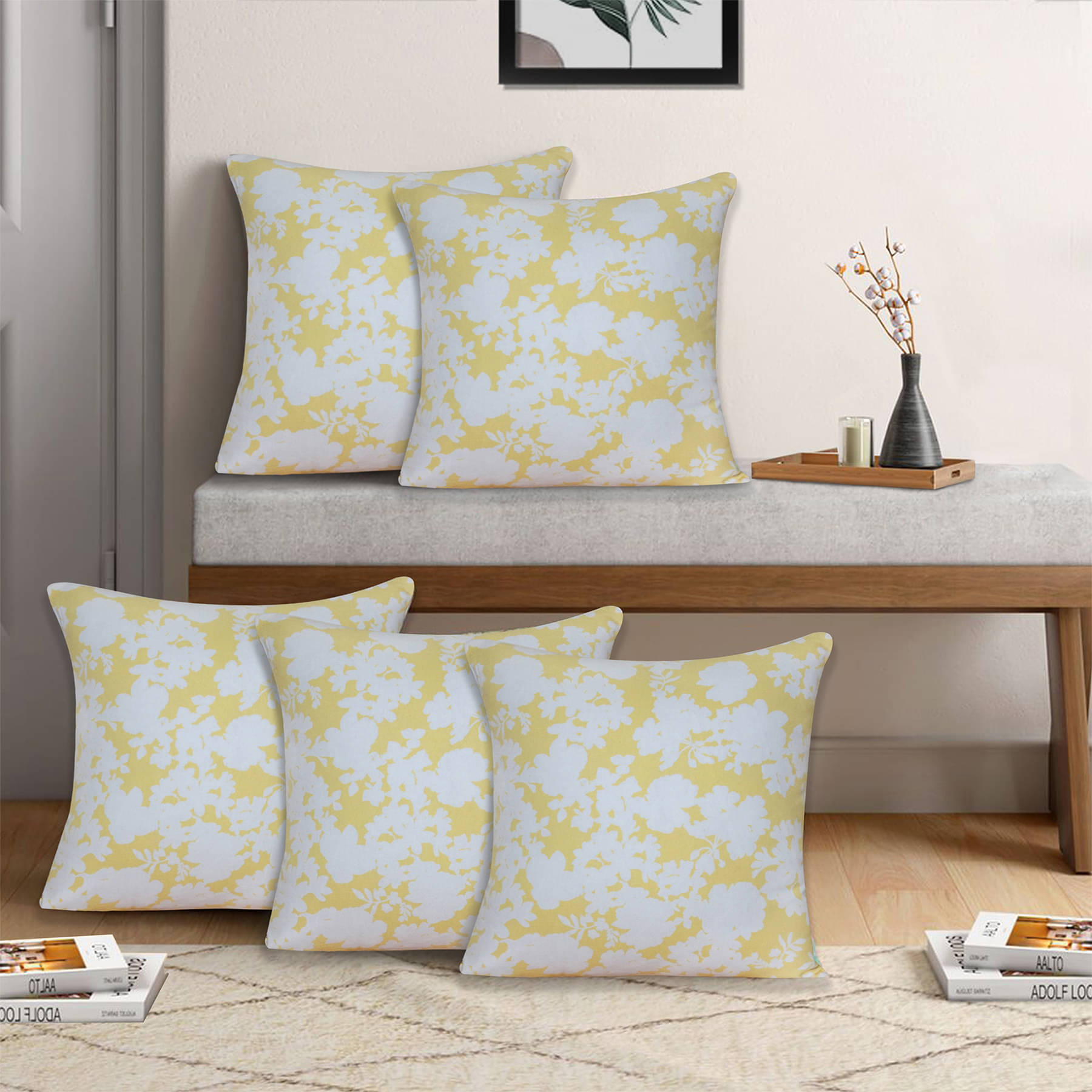 Home Colors Set of 5 Cotton Floral Square Cushion Cover (45X45)cm - Yellow Home Colors Set of 5 Cotton Floral Square Cushion Cover (45X45)cm - Yellow