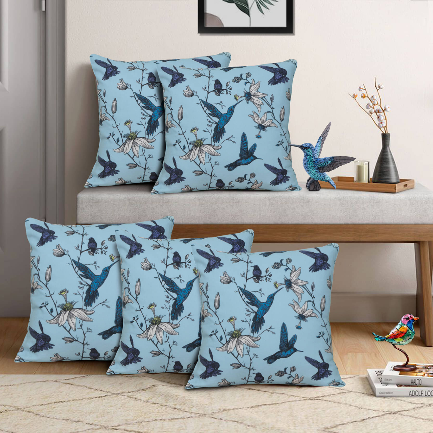     			Home Colors Set of 5 Cotton Birds Square Cushion Cover (45X45)cm - Multi