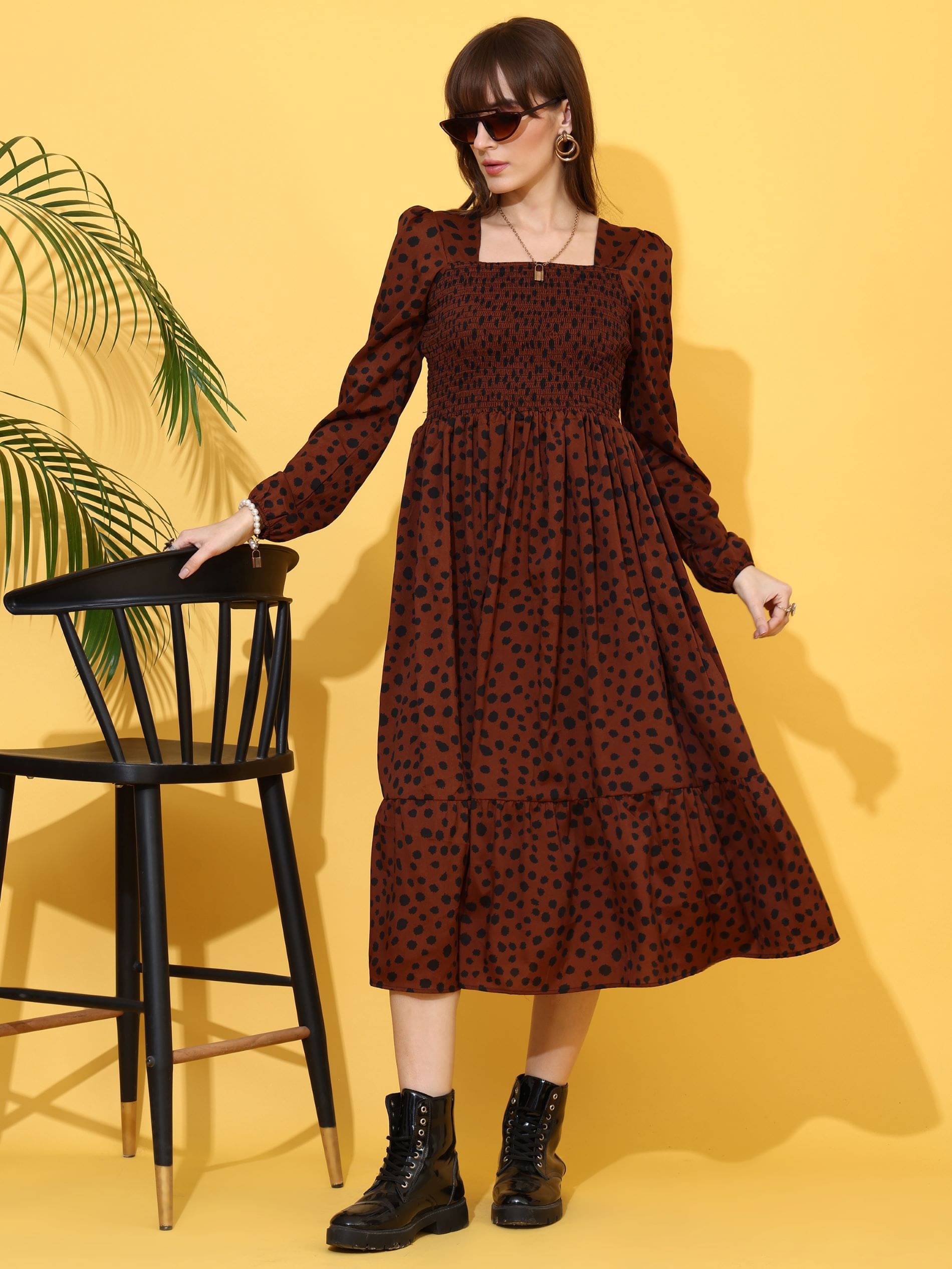 Honky Tonky Women Crepe Printed Fit & Flare Dress ( Brown )     			Honky Tonky Women Crepe Printed Fit & Flare Dress ( Brown )