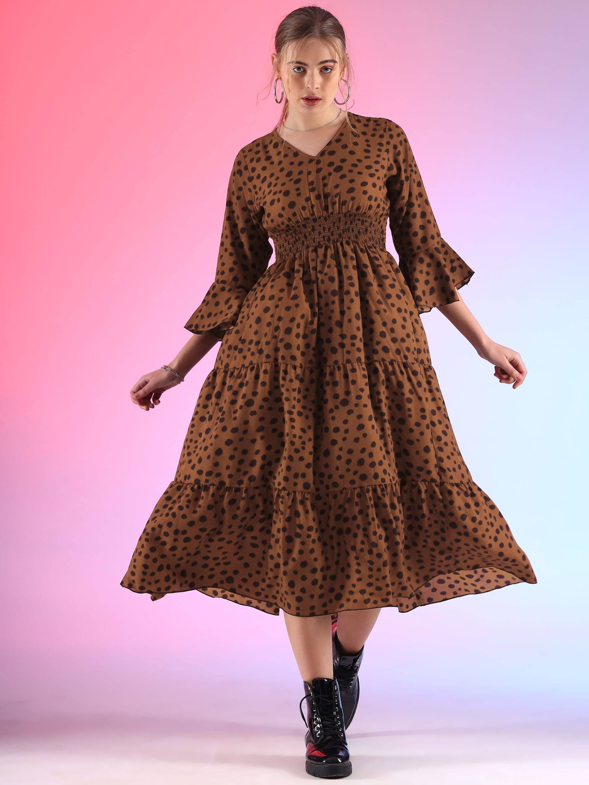     			Honky Tonky Women Crepe Printed Fit & Flare Dress ( Brown )