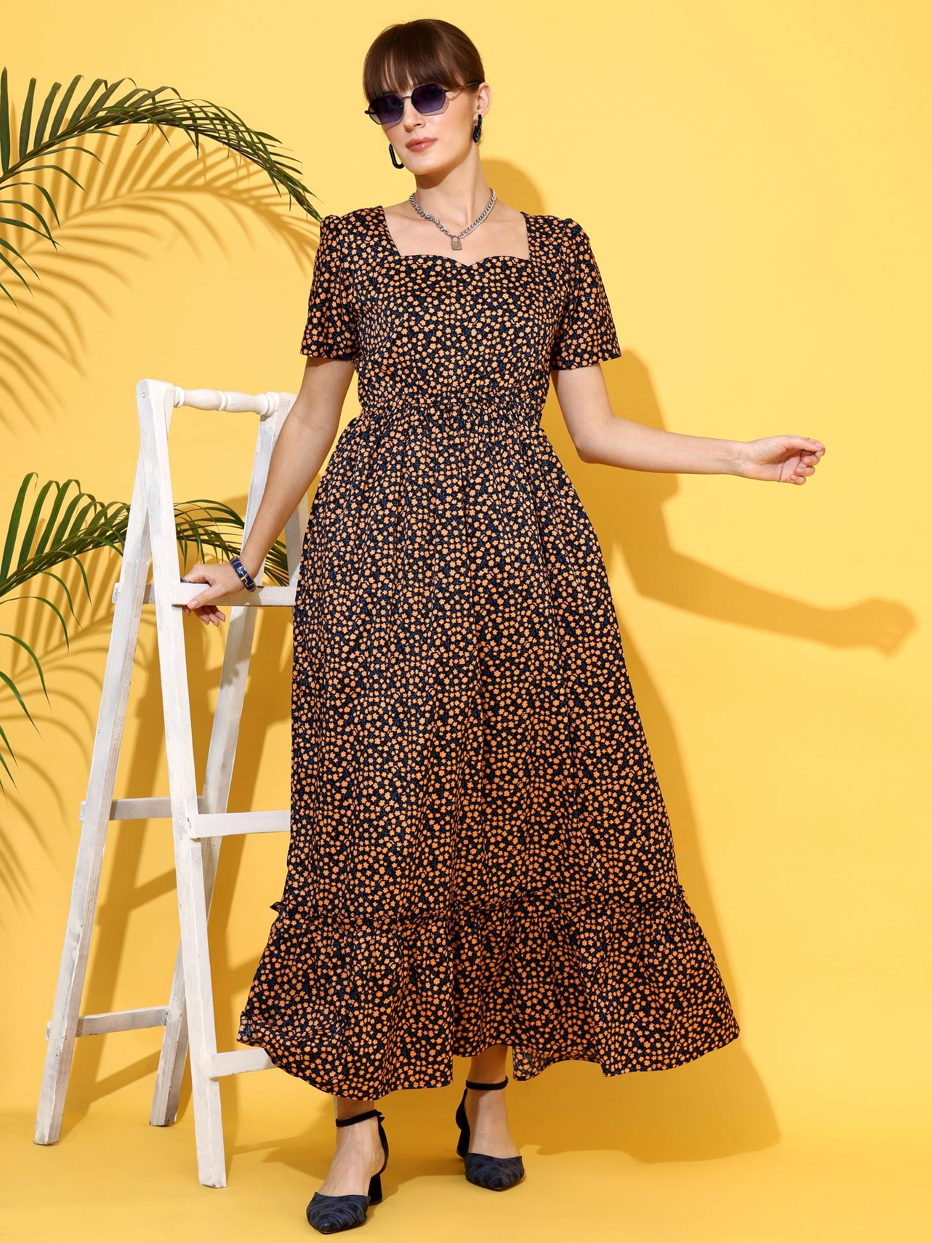     			Honky Tonky Women Crepe Printed Fit & Flare Dress ( Brown )
