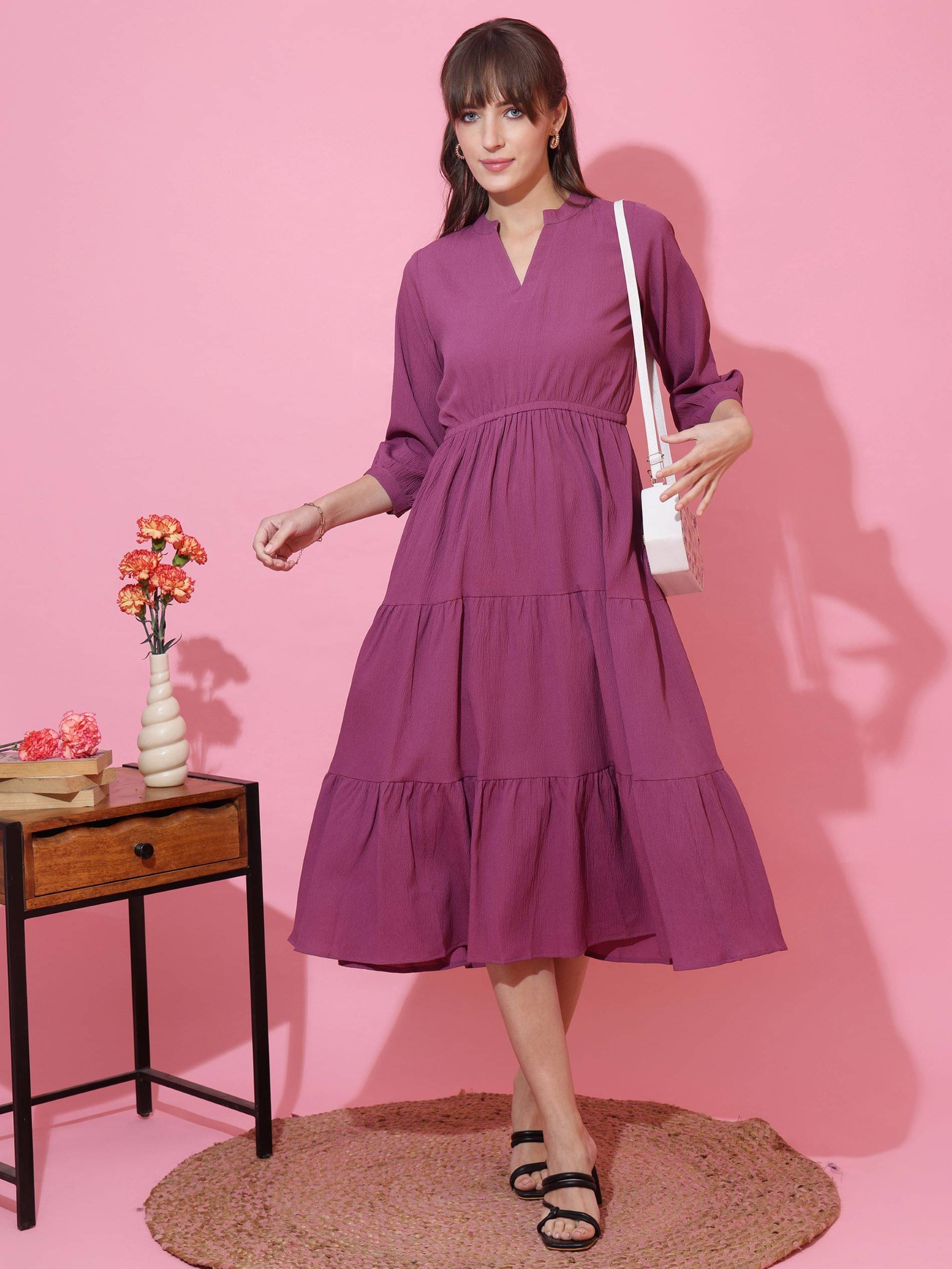 Honky Tonky Women Crepe Solid Fit & Flare Dress ( Purple )     			Honky Tonky Women Crepe Solid Fit & Flare Dress ( Purple )