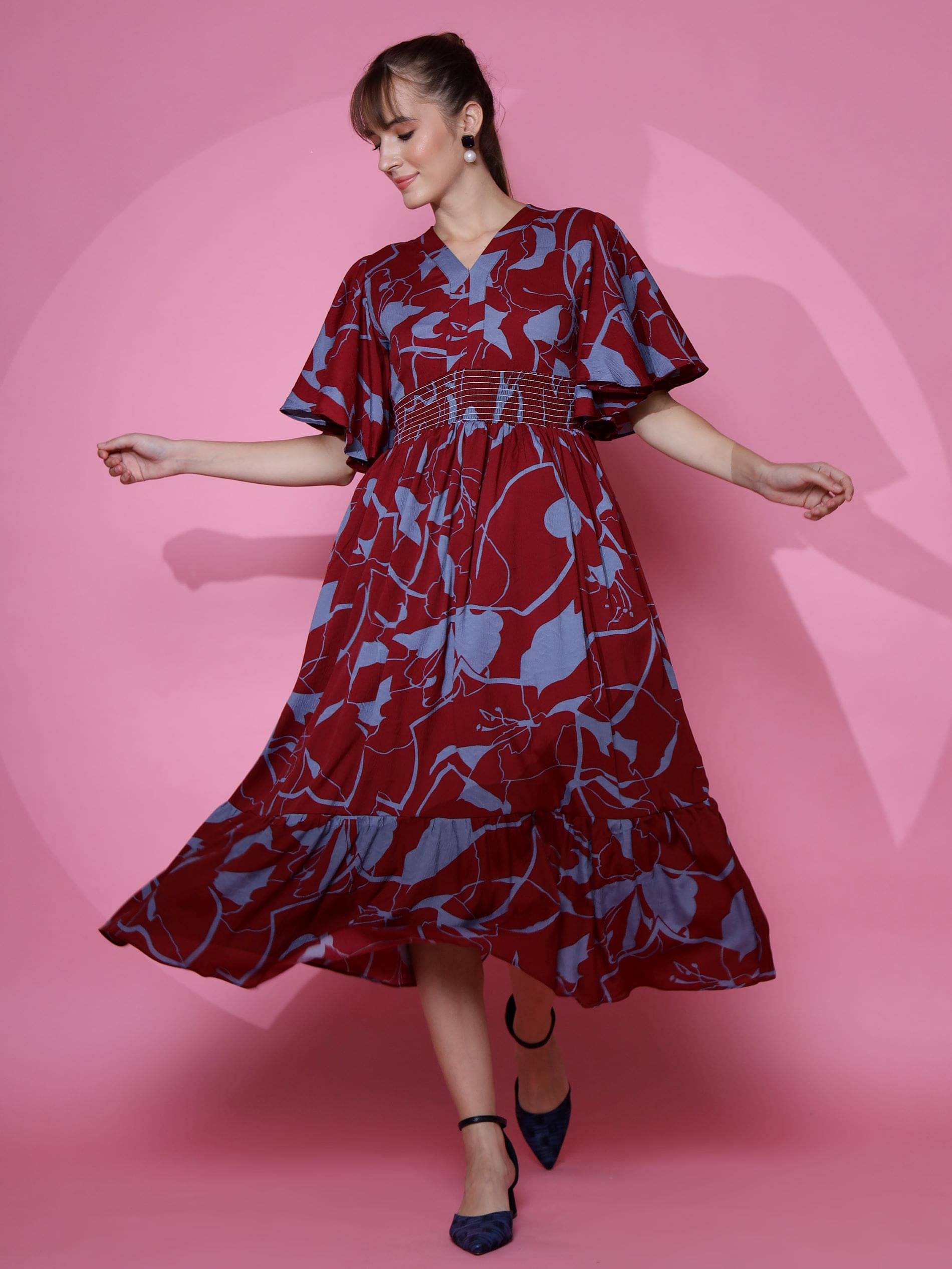     			Honky Tonky Women Satin Printed Fit & Flare Dress ( Maroon )