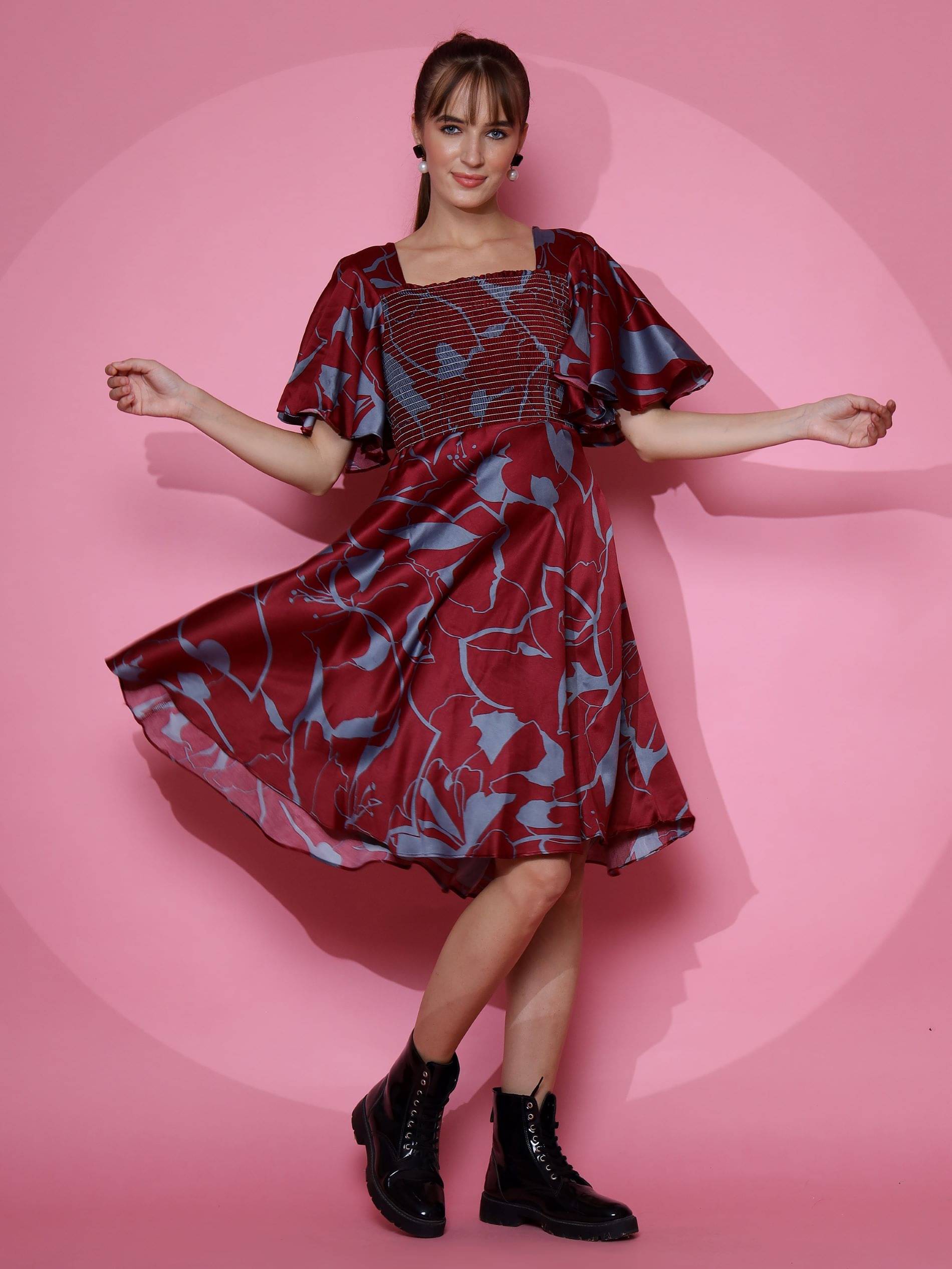 Honky Tonky Women Satin Printed Fit & Flare Dress ( Maroon ) Honky Tonky Women Satin Printed Fit & Flare Dress ( Maroon )