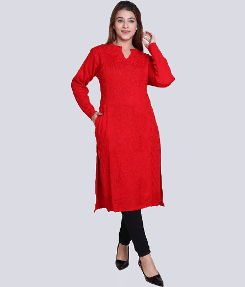 Japroz Women Woollen Embellished Straight Kurti ( Red ) - Kurtis, Tunics | Buy online on ZillyBuy