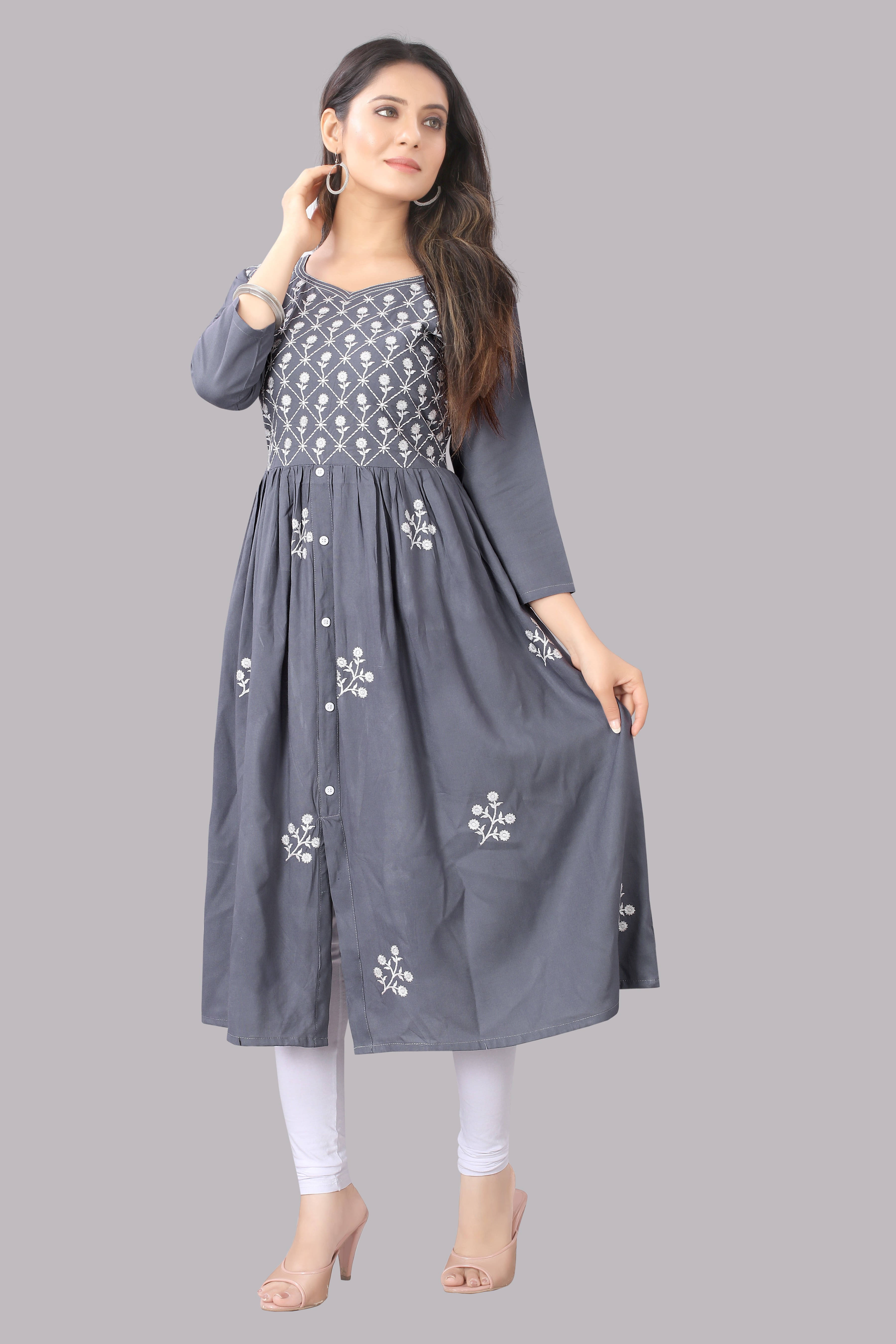     			KrazzyKudy Women Cotton Blend Embroidered Flared Kurti ( Grey )