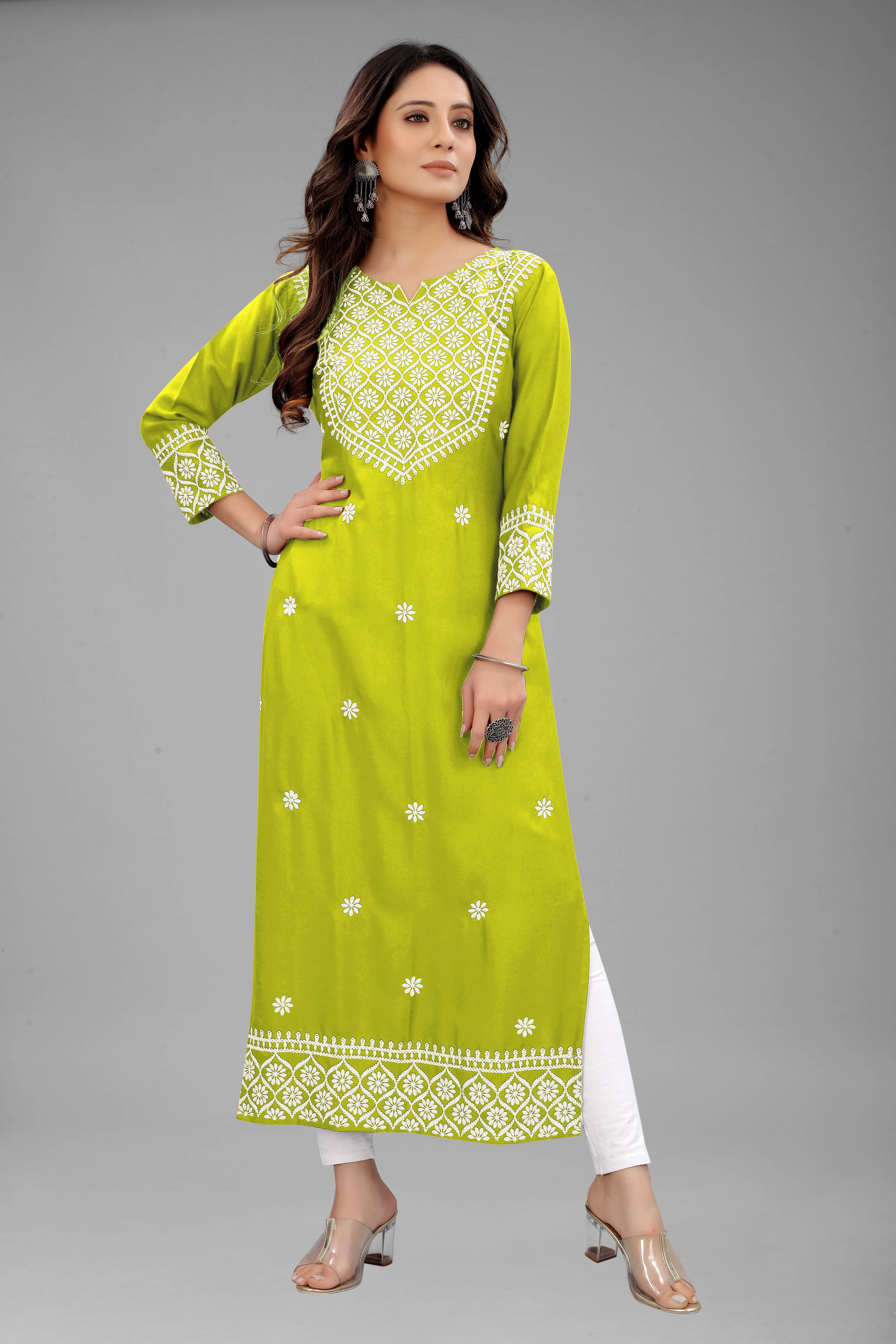     			KrazzyKudy Women Cotton Blend Embroidered Straight Kurti ( Light Green )