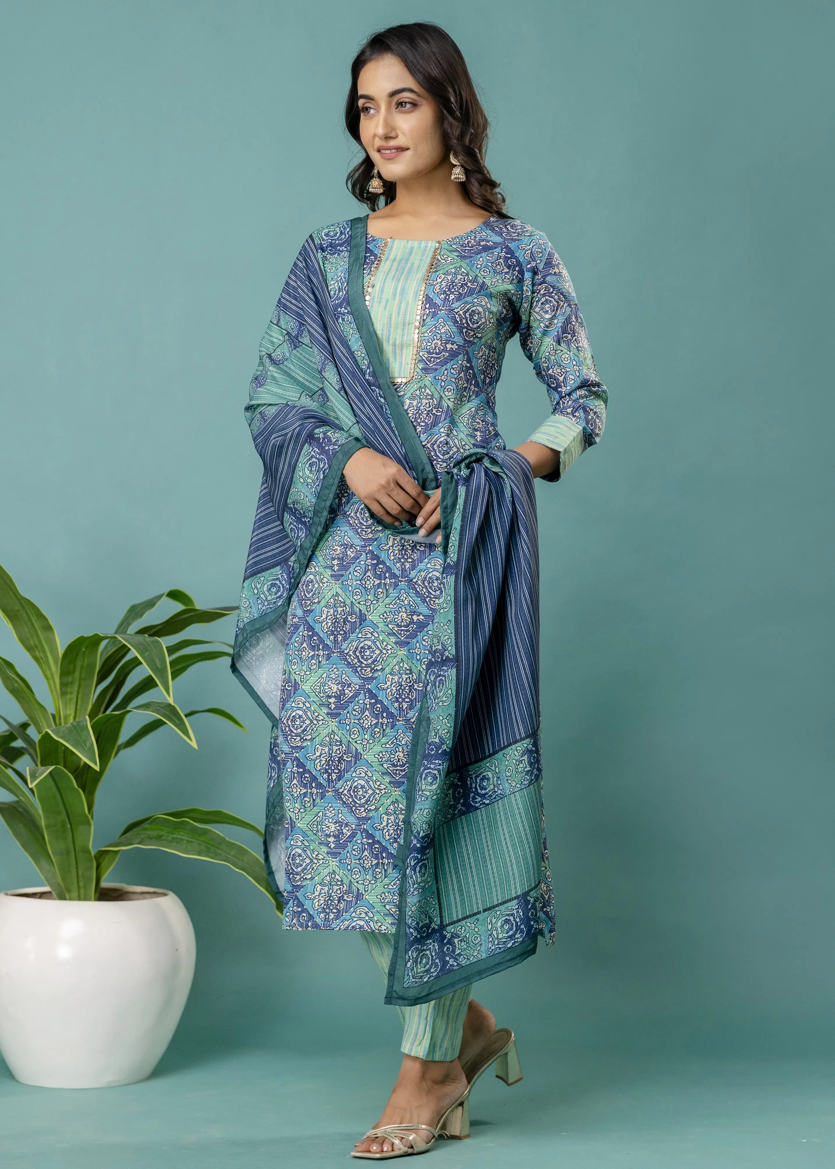     			KrazzyKudy Women Cotton Blend Embroidered Straight Kurti With Salwar ( Blue )