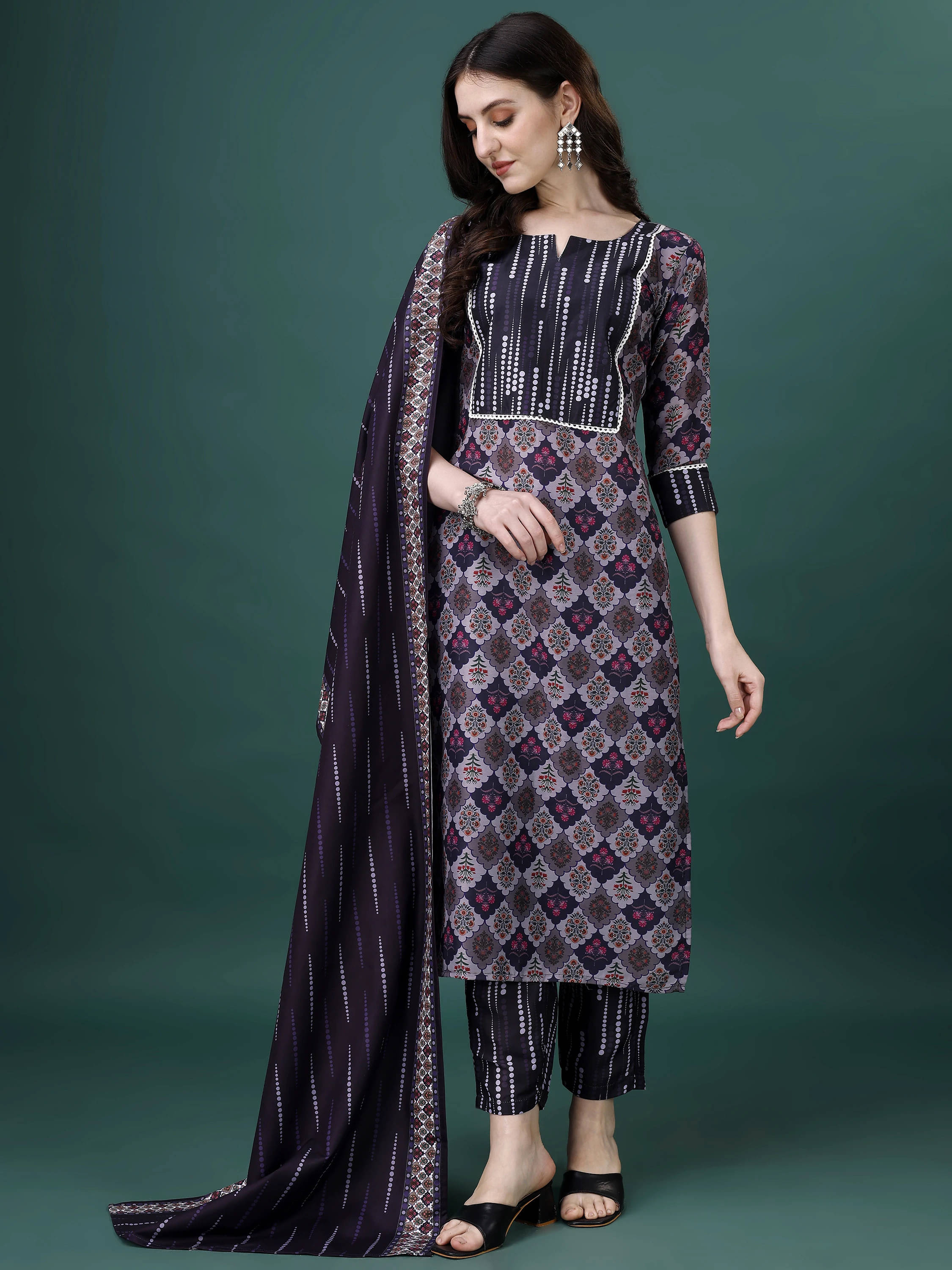     			KrazzyKudy Women Cotton Blend Printed A-line Kurti With Salwar ( Dark Blue )