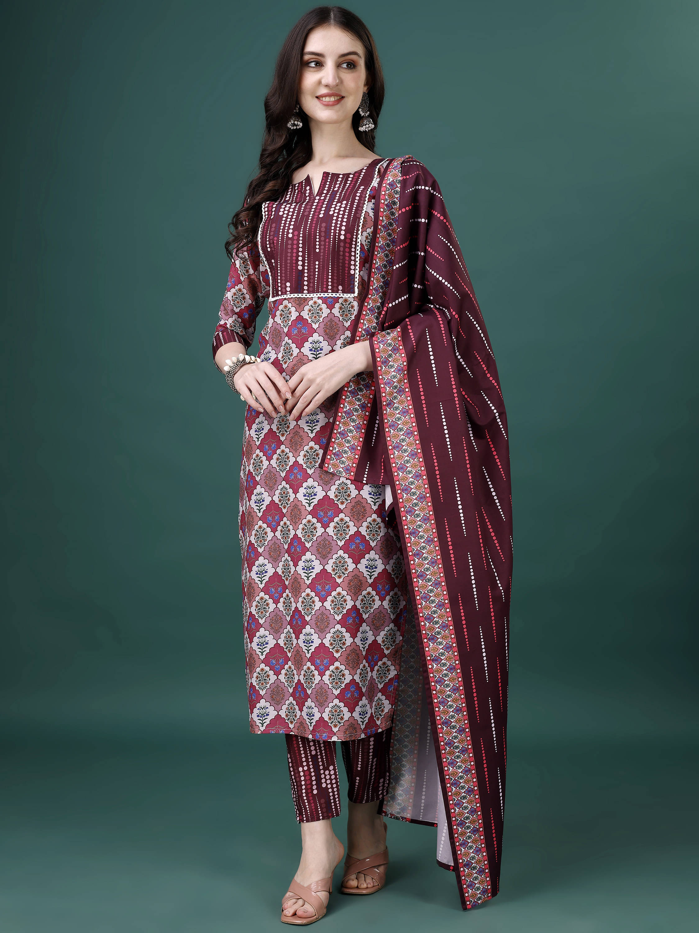 KrazzyKudy Women Cotton Blend Printed A-line Kurti With Salwar ( Maroon )     			KrazzyKudy Women Cotton Blend Printed A-line Kurti With Salwar ( Maroon )