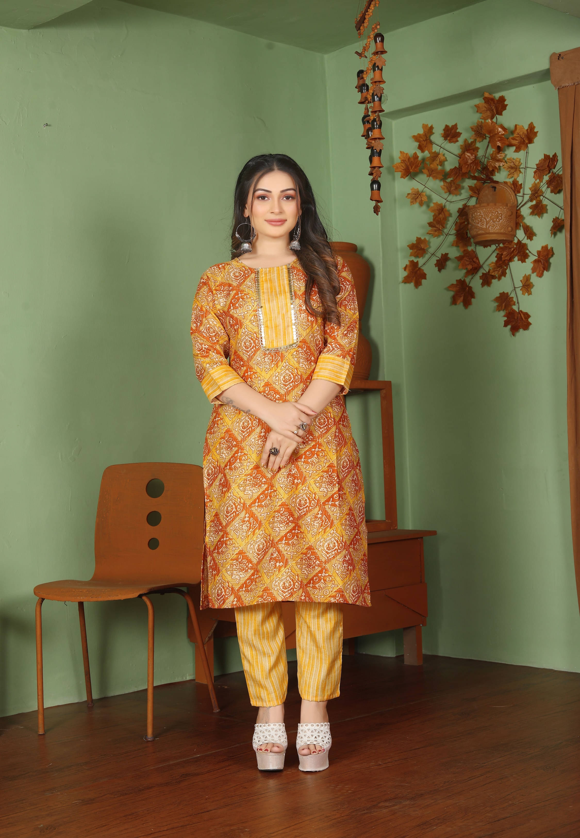 KrazzyKudy Women Cotton Blend Printed A-line Kurti With Pants ( Yellow )     			KrazzyKudy Women Cotton Blend Printed A-line Kurti With Pants ( Yellow )