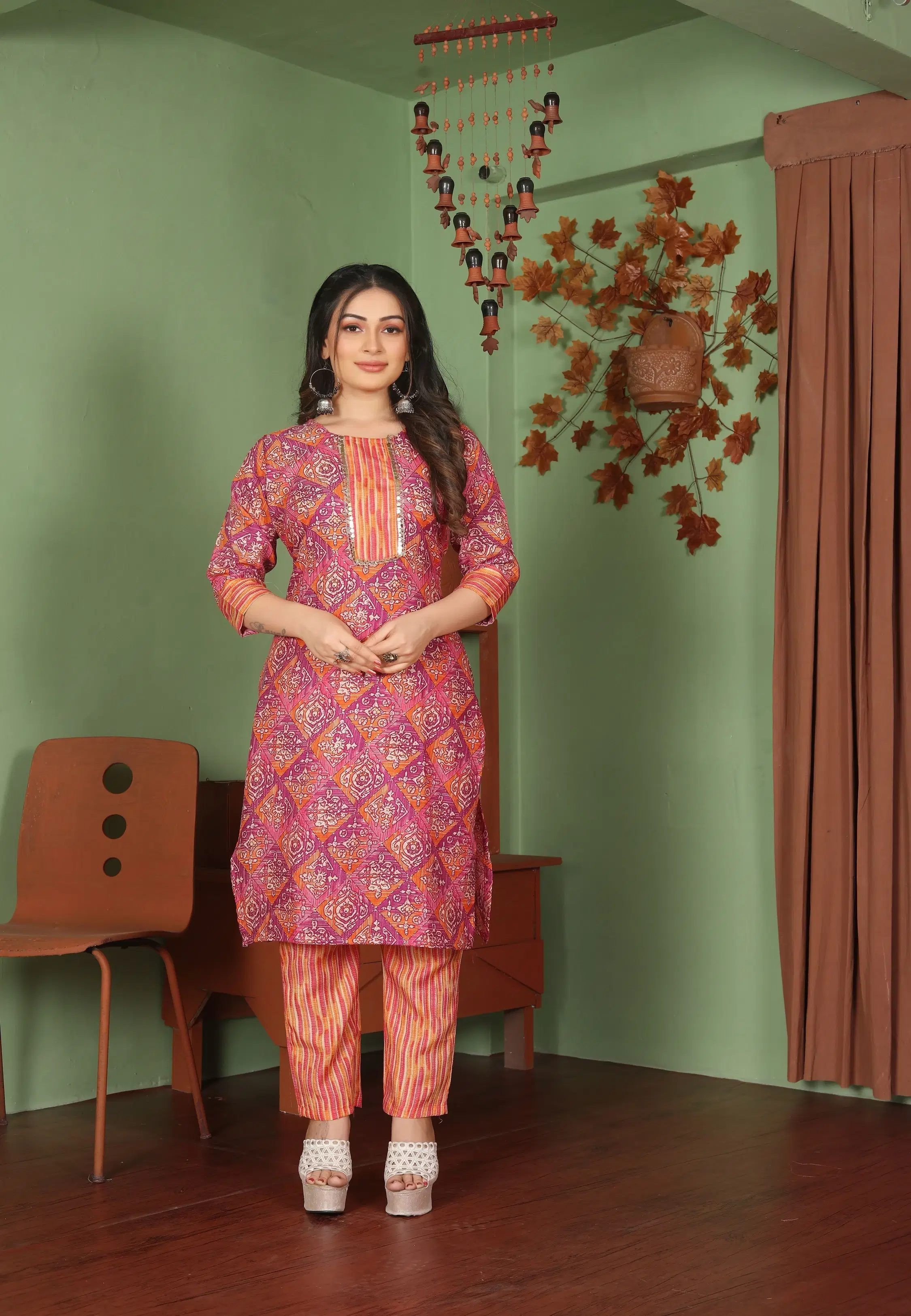     			KrazzyKudy Women Cotton Blend Printed A-line Kurti With Pants ( Multicolor )