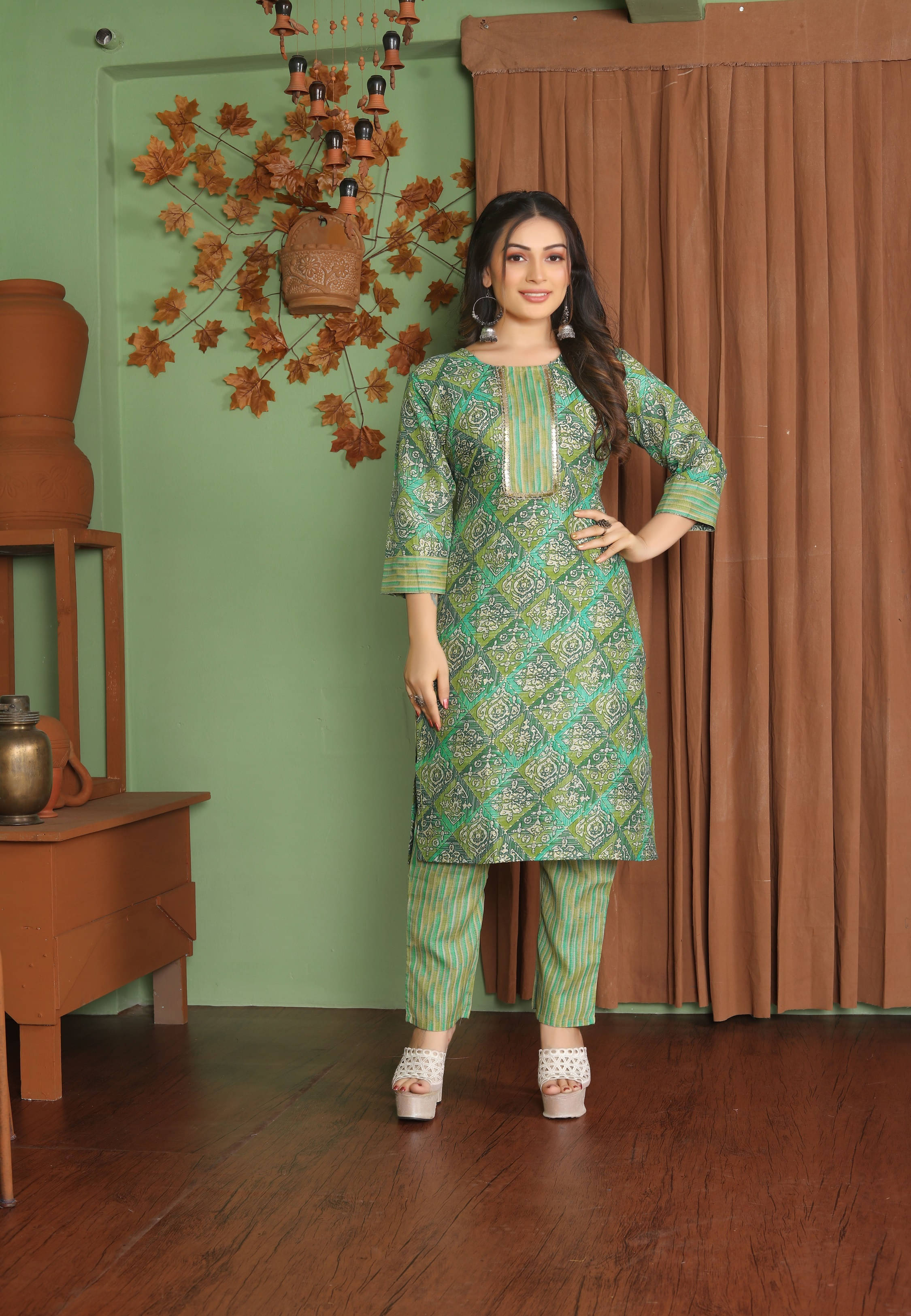 KrazzyKudy Women Cotton Blend Printed A-line Kurti With Pants ( Light Green ) KrazzyKudy Women Cotton Blend Printed A-line Kurti With Pants ( Light Green )