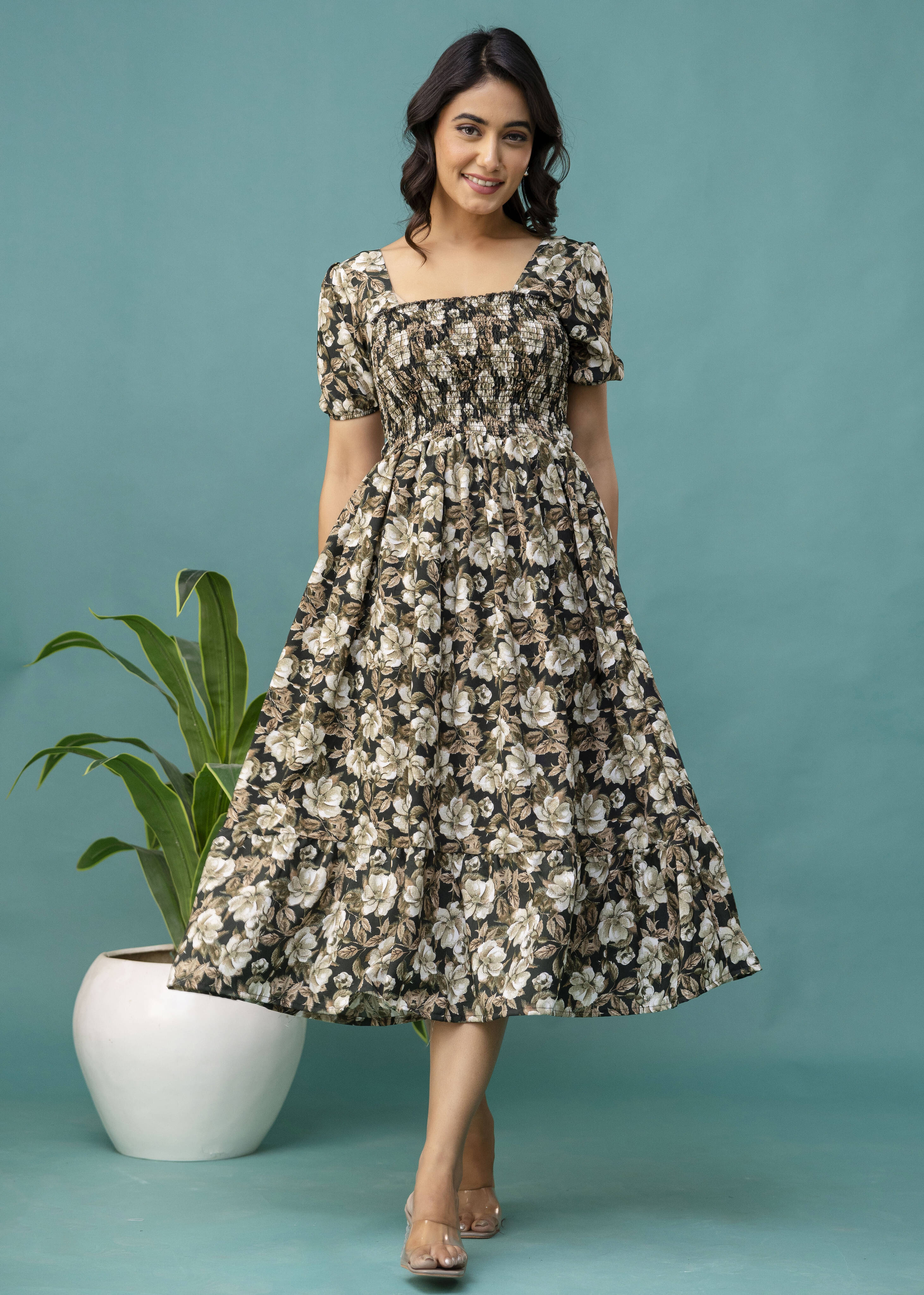     			KrazzyKudy Women Crepe Printed Fit & Flare Dress ( Green )