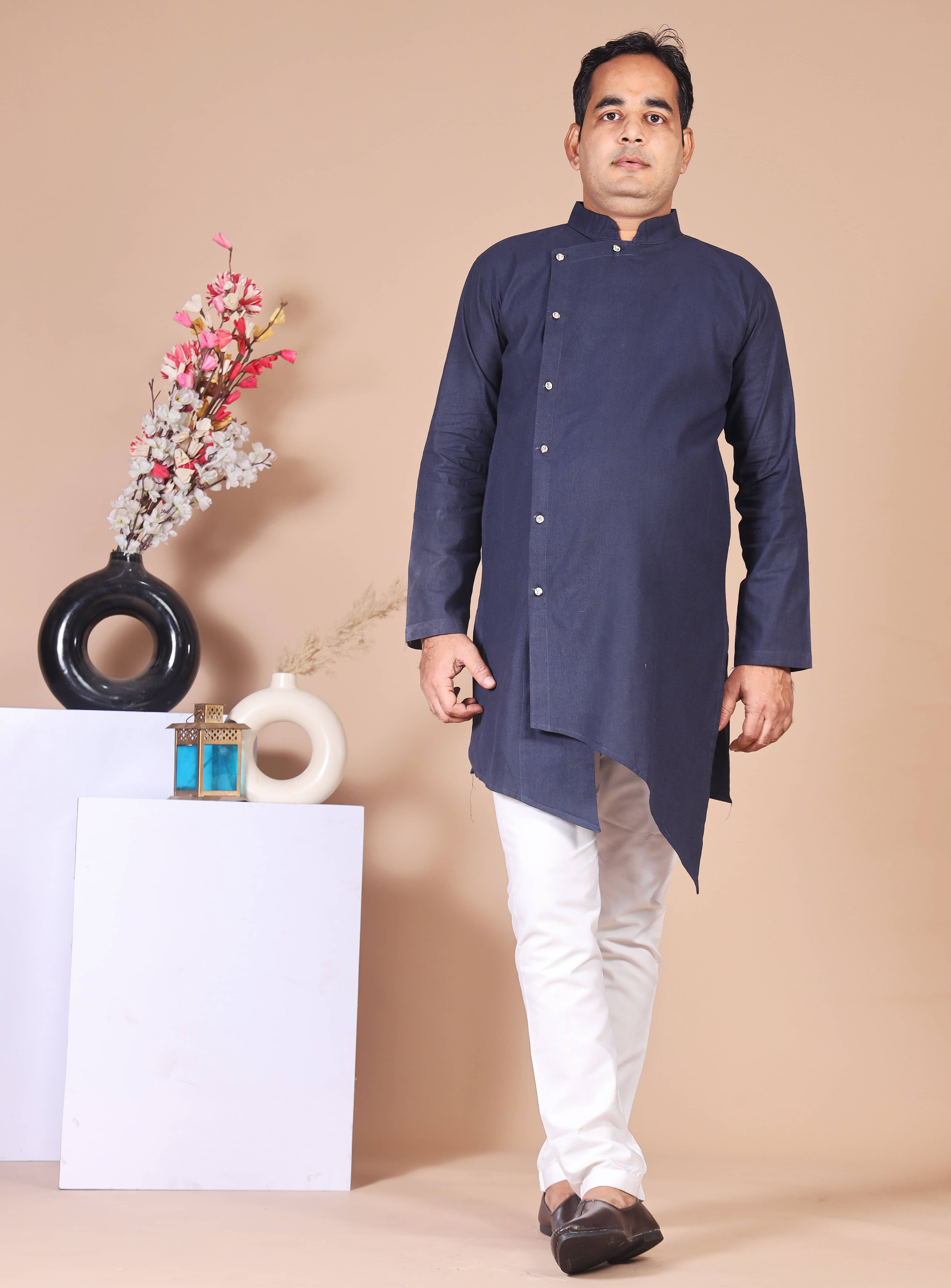     			Mehsoos Fashion Navy Blue Cotton Men's Regular Kurta ( Pack of 1 )