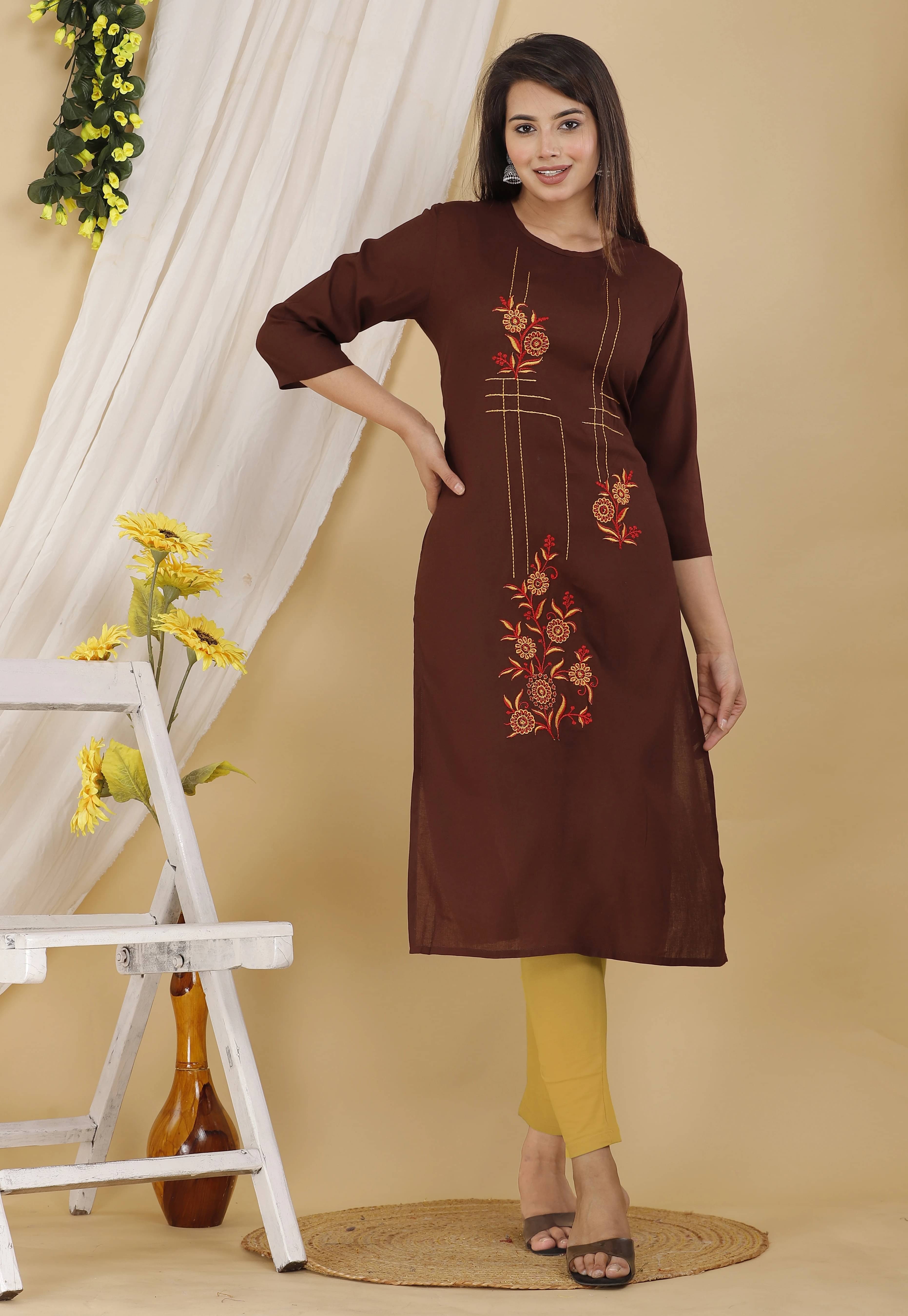     			Mehsoos Fashion Women Cotton Blend Embroidered Straight Kurti ( Brown )