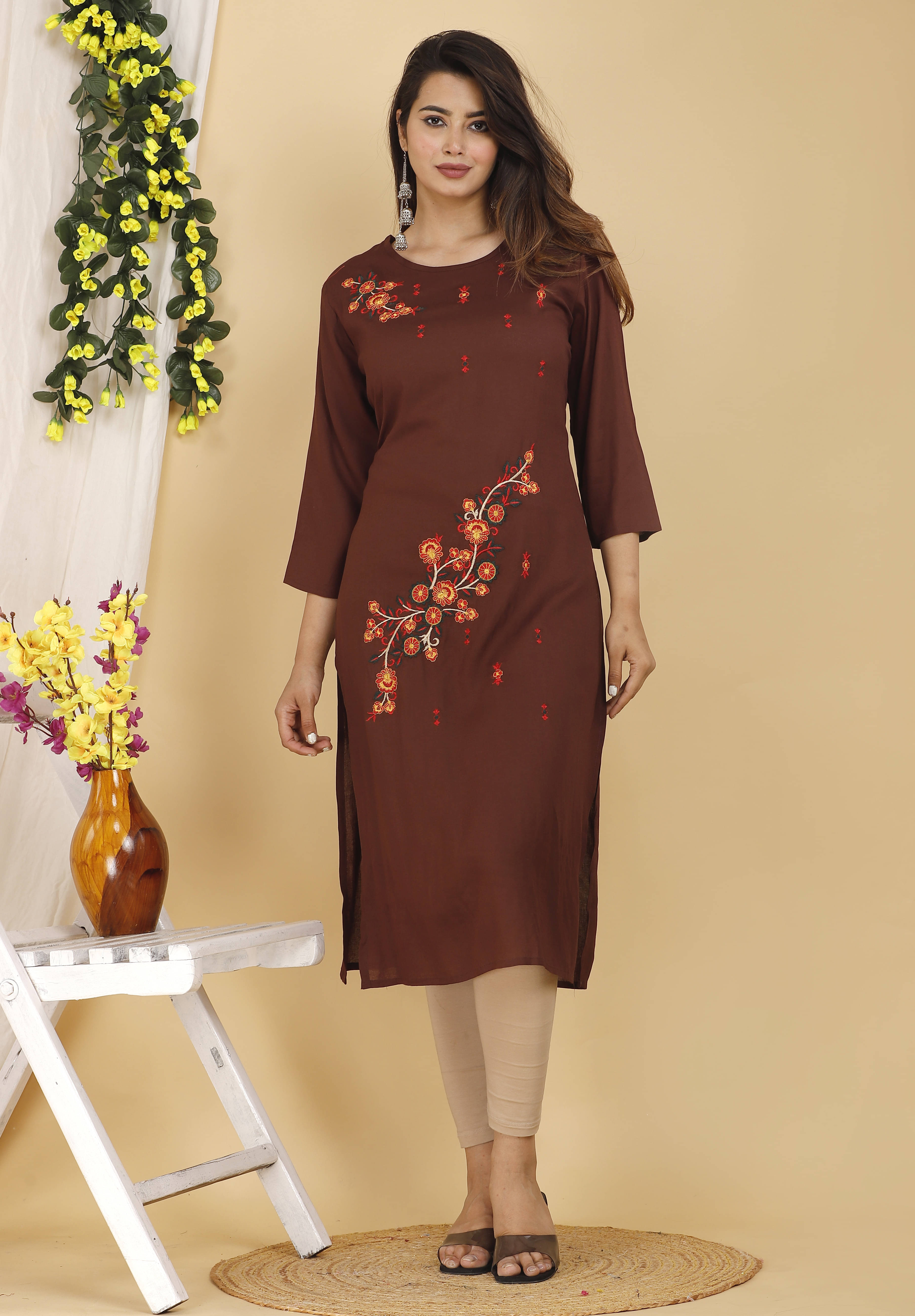    			Mehsoos Fashion Women Cotton Blend Embroidered Straight Kurti ( Brown )