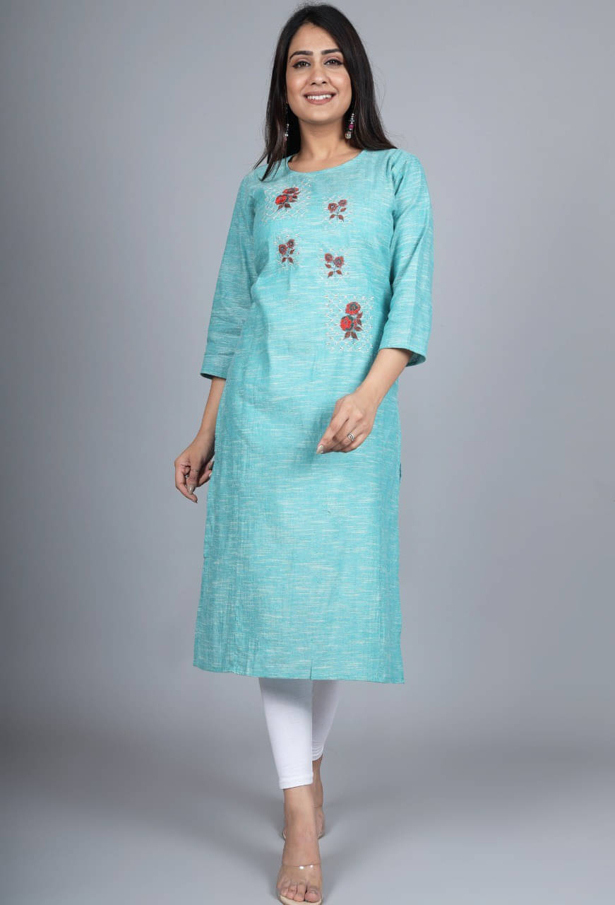 Mehsoos Fashion Women Cotton Blend Embroidered Straight Kurti ( Blue ) Mehsoos Fashion Women Cotton Blend Embroidered Straight Kurti ( Blue )