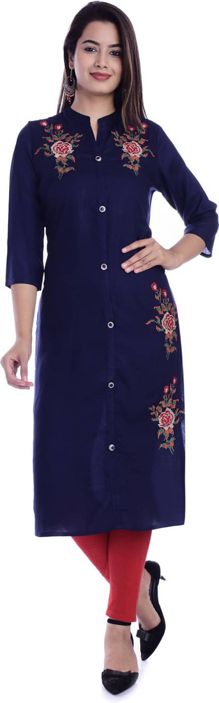 Mehsoos Fashion Women Viscose Rayon Embroidered Straight Kurti ( Navy Blue ) Mehsoos Fashion Women Viscose Rayon Embroidered Straight Kurti ( Navy Blue )