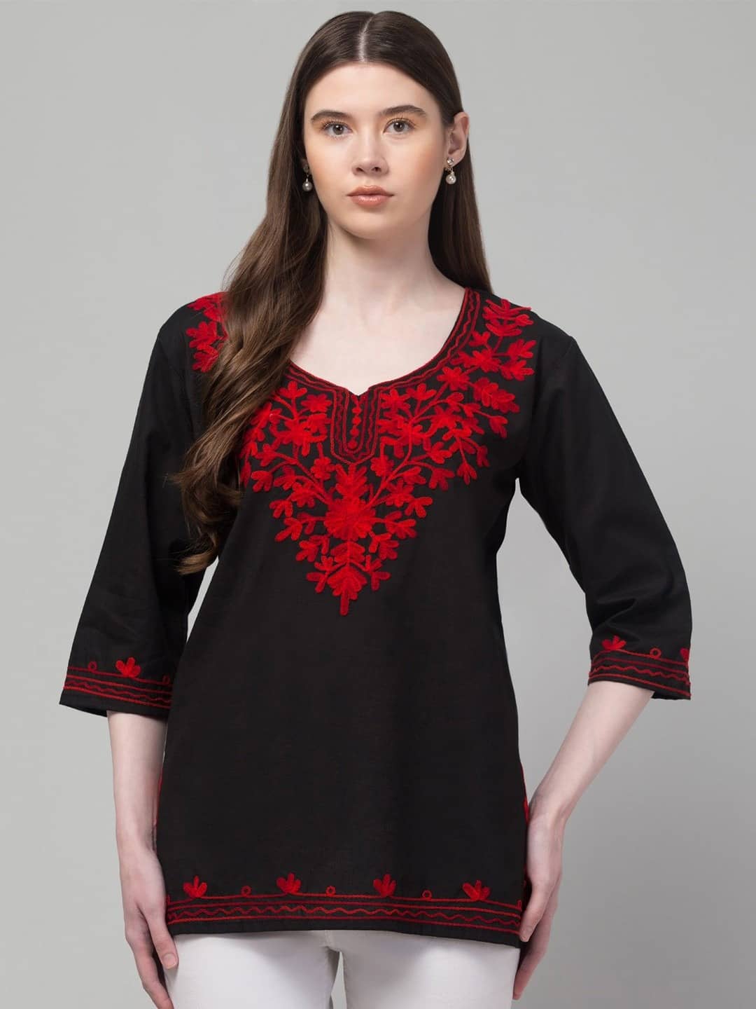 OMAYA Women Cotton Embroidered Straight Kurti ( Black ) - Kurtis, Tunics | Buy online on ZillyBuy
