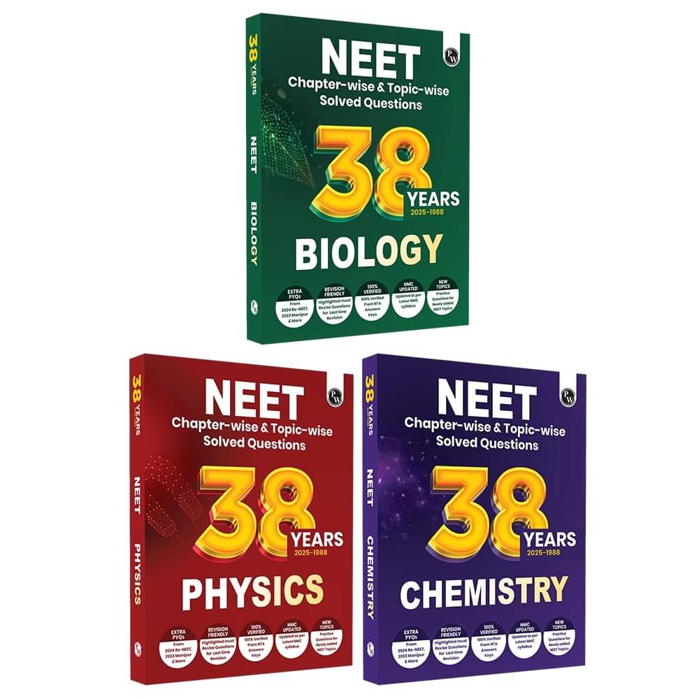Physics Wallah PW 38 Years NEET Previous Year Solved Question Papers Physics, Chemistry and Biology PYQ Combo Set of 3 Books (2025 - 1988) Chapterwise Topicwise Solutions For NEET Exam 2026 Paperback – 5 May 2025     			Physics Wallah PW 38 Years NEET Previous Year Solved Question Papers Physics, Chemistry and Biology PYQ Combo Set of 3 Books (2025 - 1988) Chapterwise Topicwise Solutions For NEET Exam 2026 Paperback – 5 May 2025