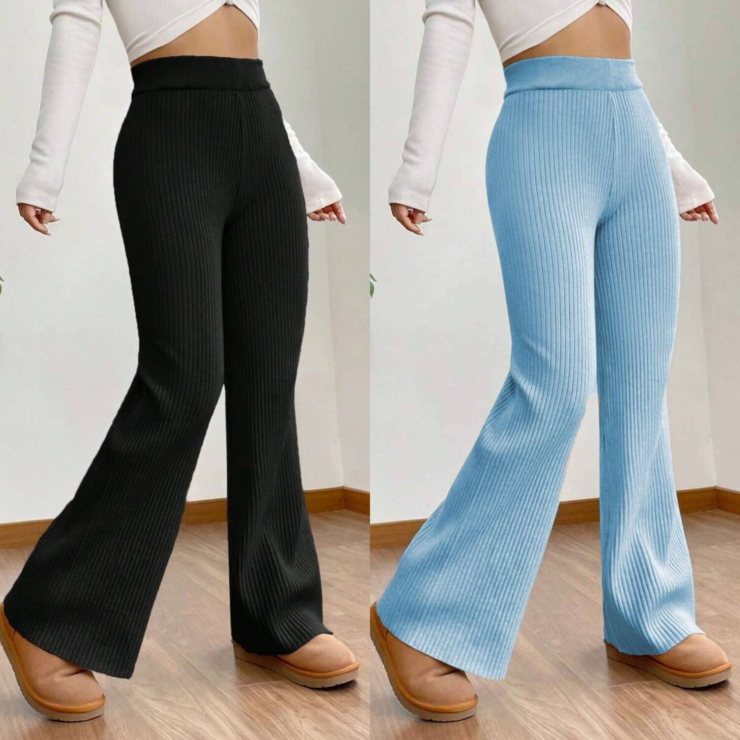     			Qyaas Women Polyester Korean Trousers ( Black,Light Blue )