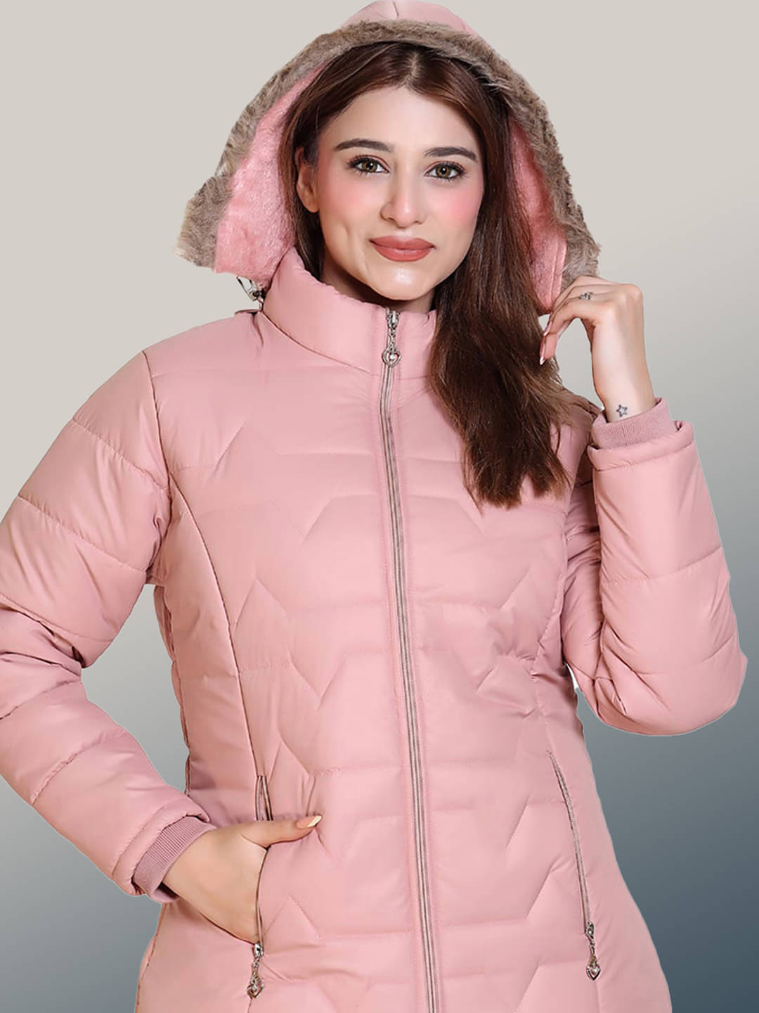 RIGHT DECISION Women Hooded Regular Jacket ( Pink ) RIGHT DECISION Women Hooded Regular Jacket ( Pink )