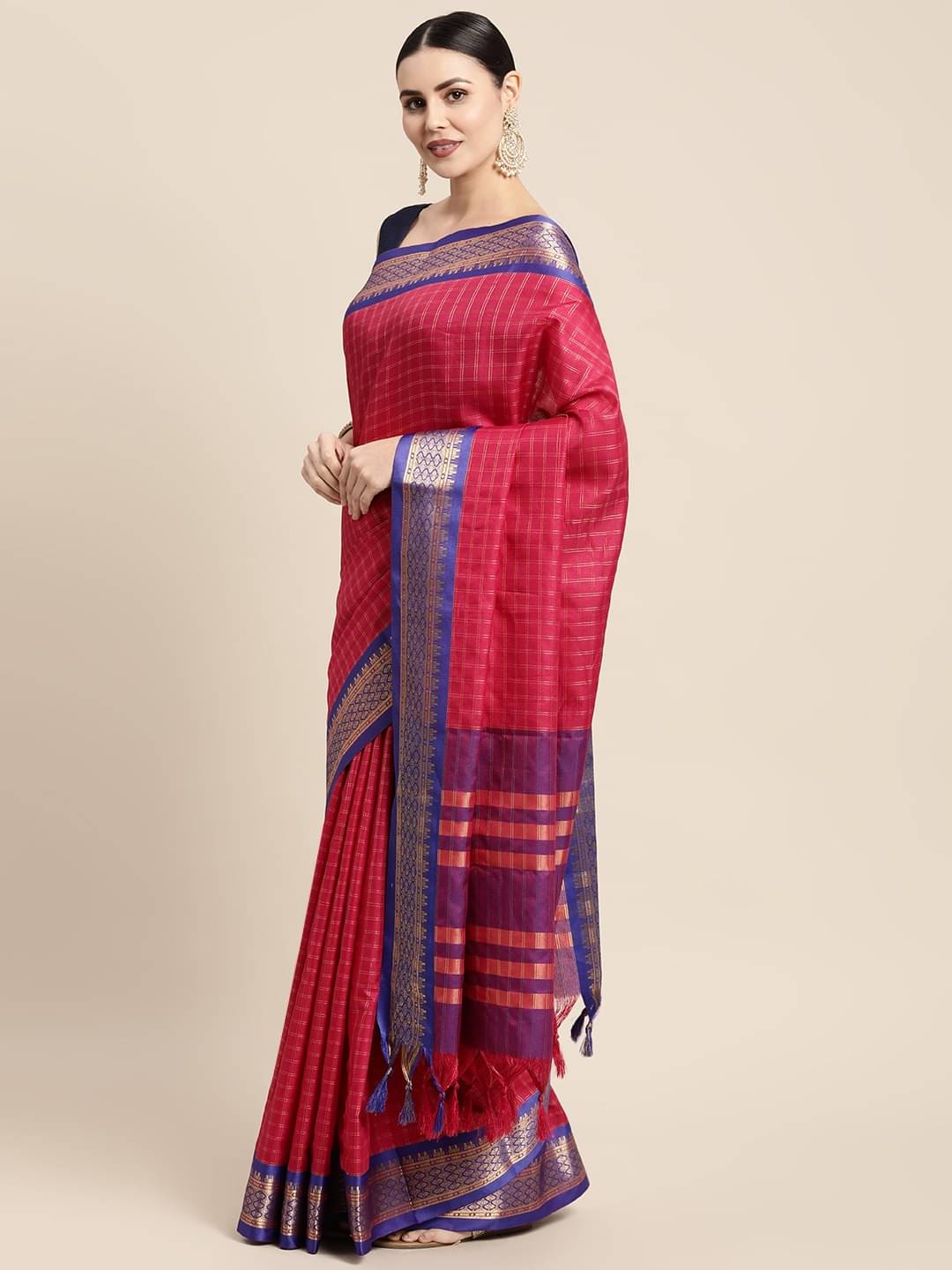     			Rangtulika Ethnics Cotton Checks Banarasi saree With Unstitched Blouse Piece ( Rani )