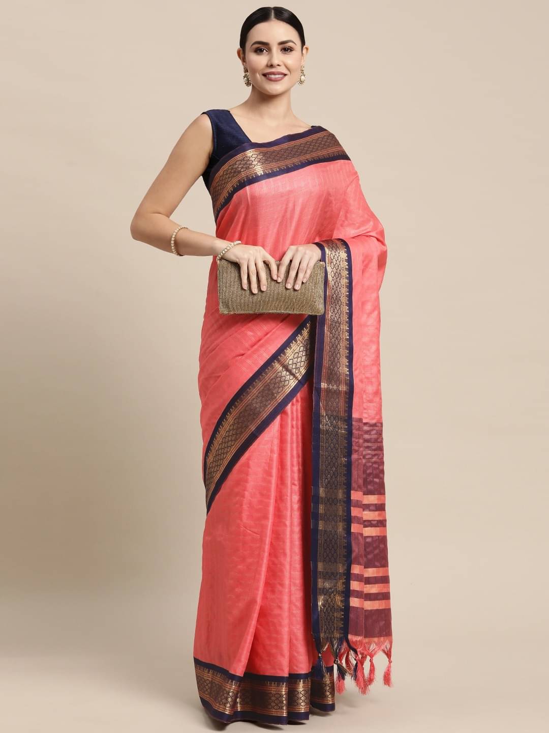    			Rangtulika Ethnics Cotton Checks Banarasi saree With Unstitched Blouse Piece ( Peach )