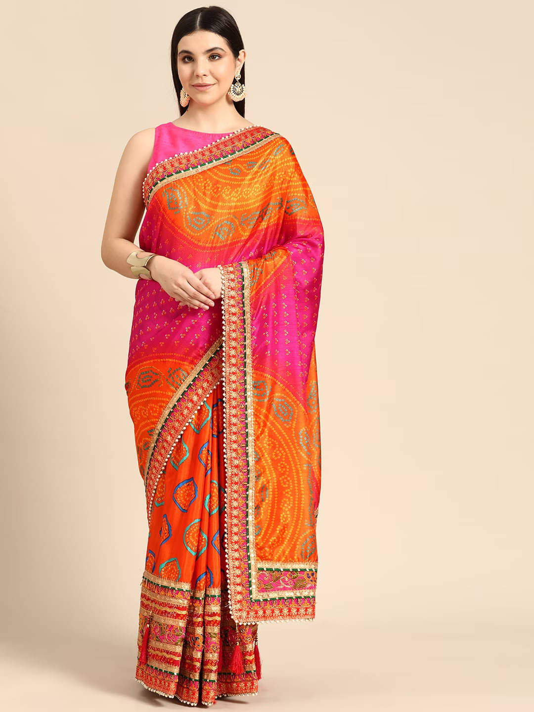 Rangtulika Ethnics Silk Blend Printed Bandhani Sarees With Unstitched Blouse Piece ( Multicolor 1 ) Rangtulika Ethnics Silk Blend Printed Bandhani Sarees With Unstitched Blouse Piece ( Multicolor 1 )