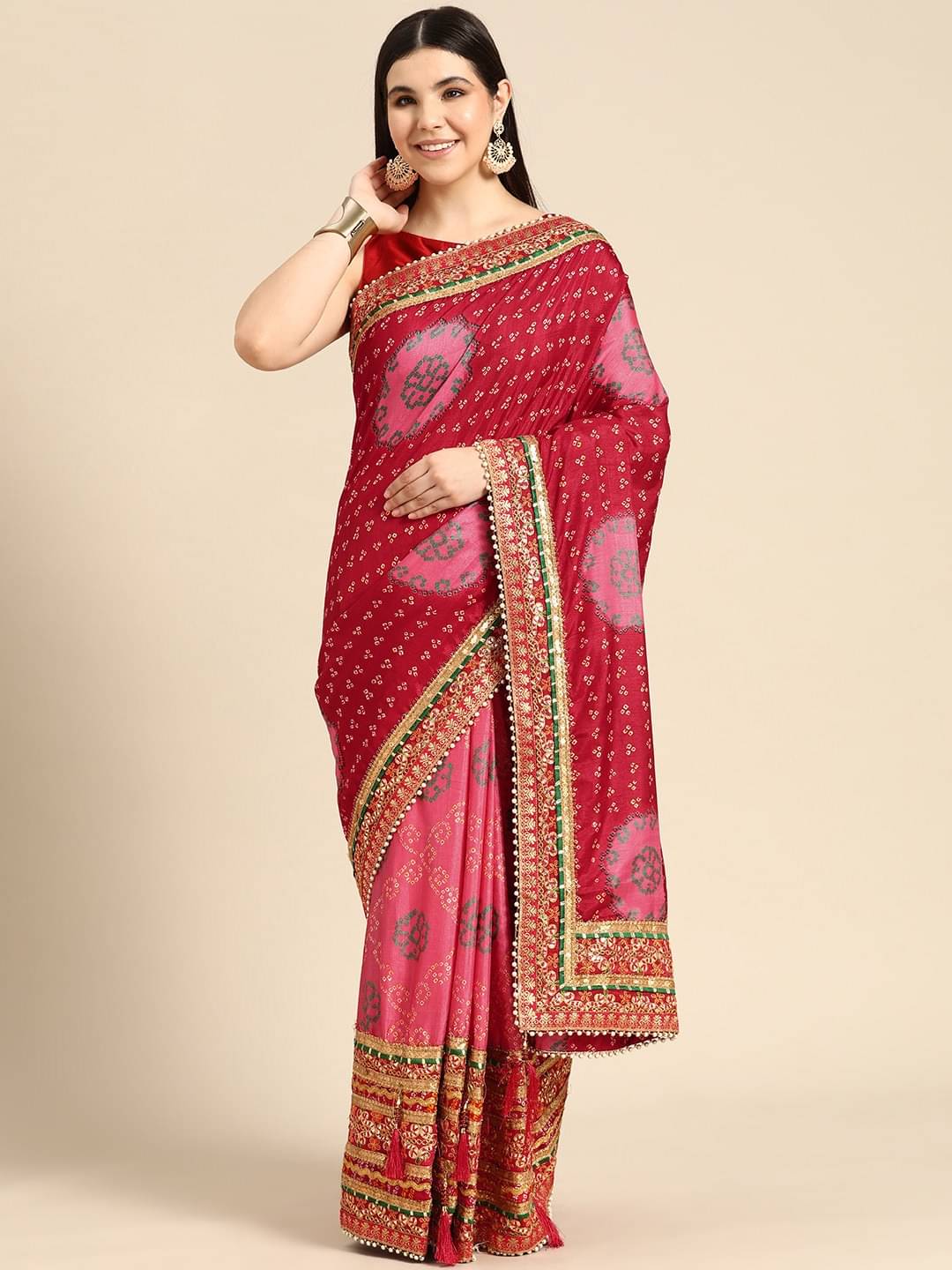 Rangtulika Ethnics Silk Blend Printed Bandhani Sarees With Unstitched Blouse Piece ( Pink ) Rangtulika Ethnics Silk Blend Printed Bandhani Sarees With Unstitched Blouse Piece ( Pink )