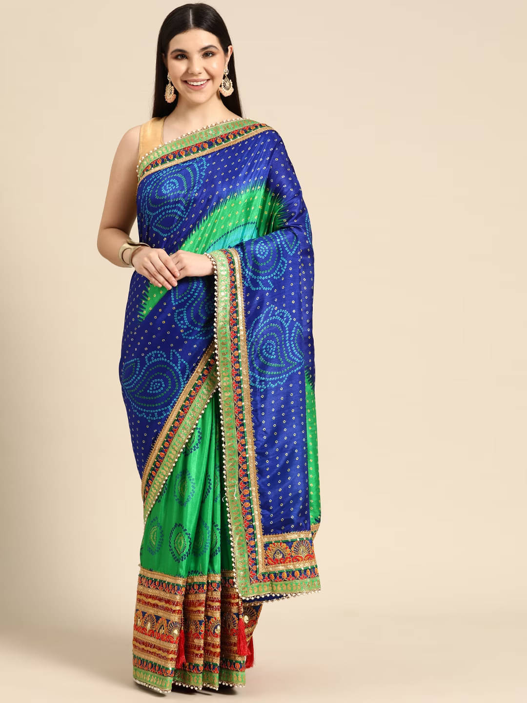     			Rangtulika Ethnics Silk Blend Printed Bandhani Sarees With Unstitched Blouse Piece ( Blue )