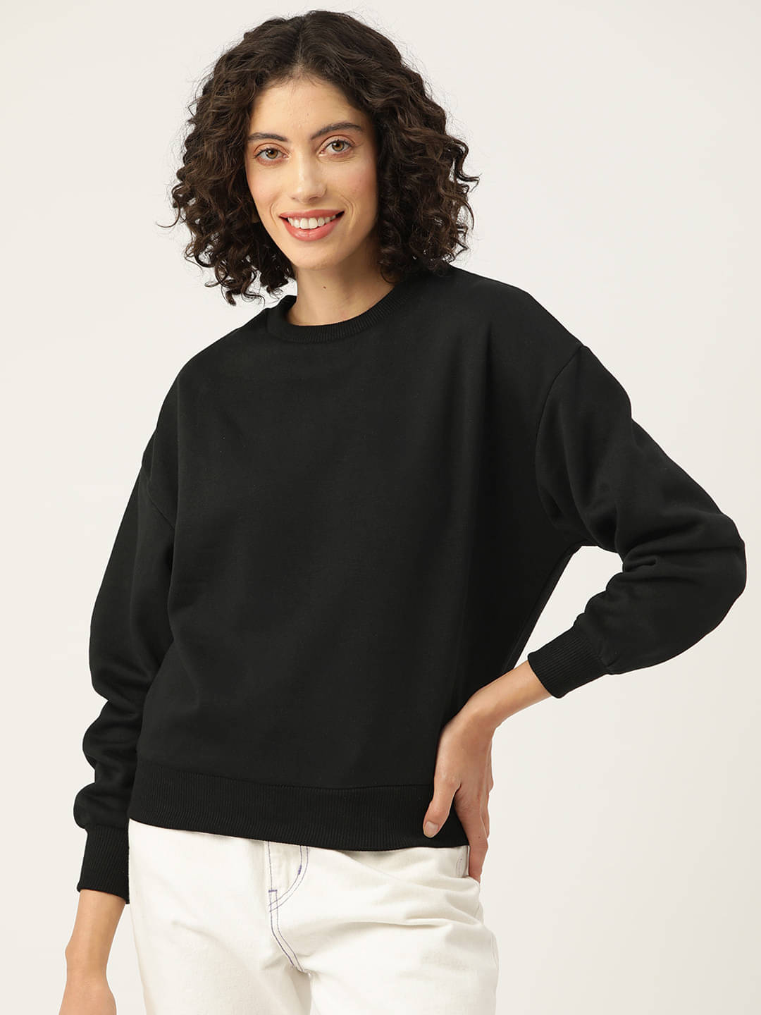     			Rue Collection Fleece Women's Non Hooded Sweatshirt ( Black )