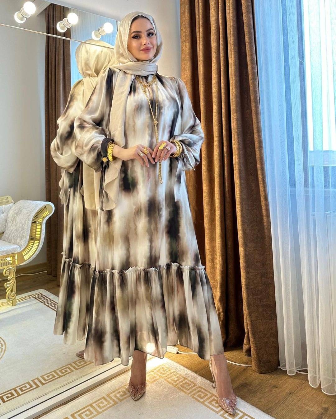     			SARINKU Women Georgette Dyed Ethnic Dress ( Brown )