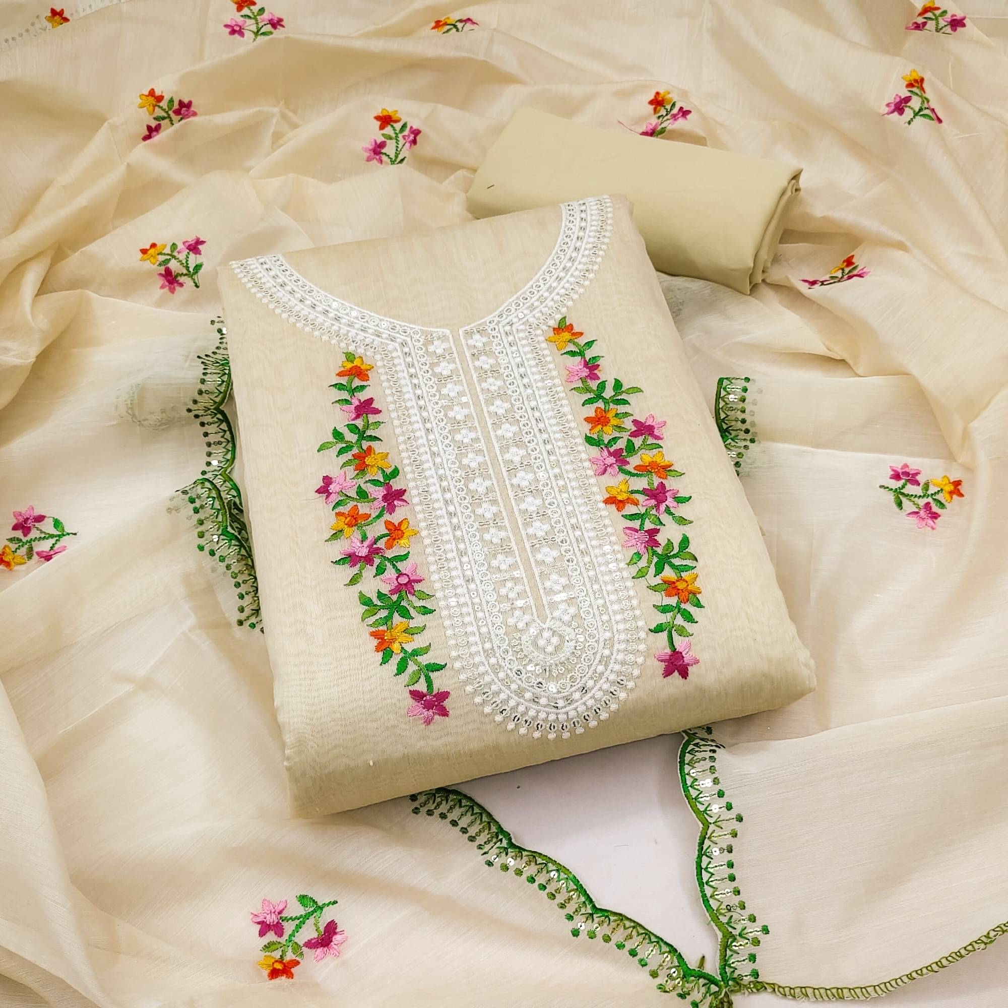 Shree Mahantam Women Cotton Blend Unstitched Dress Material ( Cream )     			Shree Mahantam Women Cotton Blend Unstitched Dress Material ( Cream )
