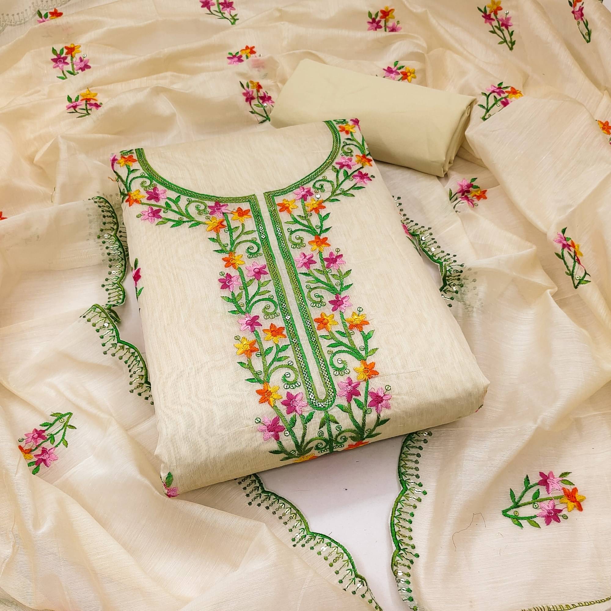 Shree Mahantam Women Cotton Blend Unstitched Dress Material ( Cream )     			Shree Mahantam Women Cotton Blend Unstitched Dress Material ( Cream )