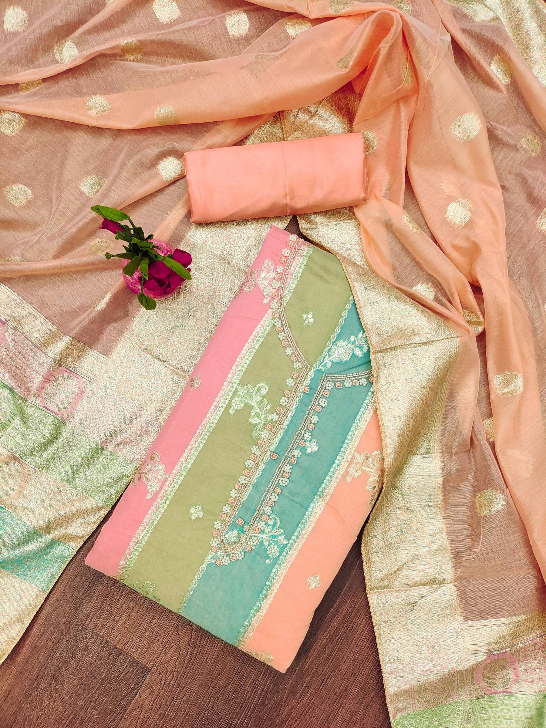 Shree Mahantam Women Jacquard Unstitched Dress Material ( Peach )     			Shree Mahantam Women Jacquard Unstitched Dress Material ( Peach )