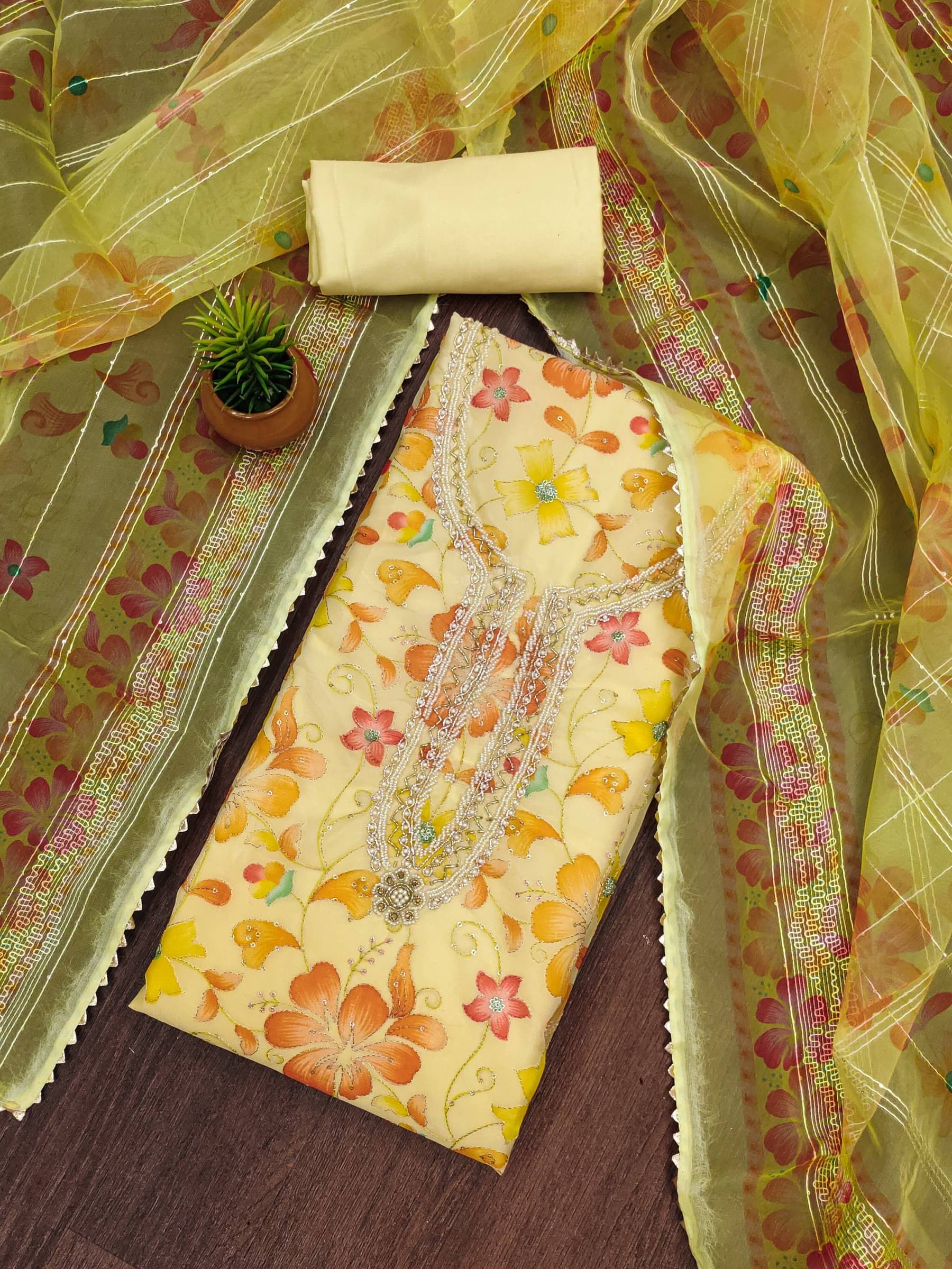 Shree Mahantam Women Organza Unstitched Dress Material ( Yellow )     			Shree Mahantam Women Organza Unstitched Dress Material ( Yellow )