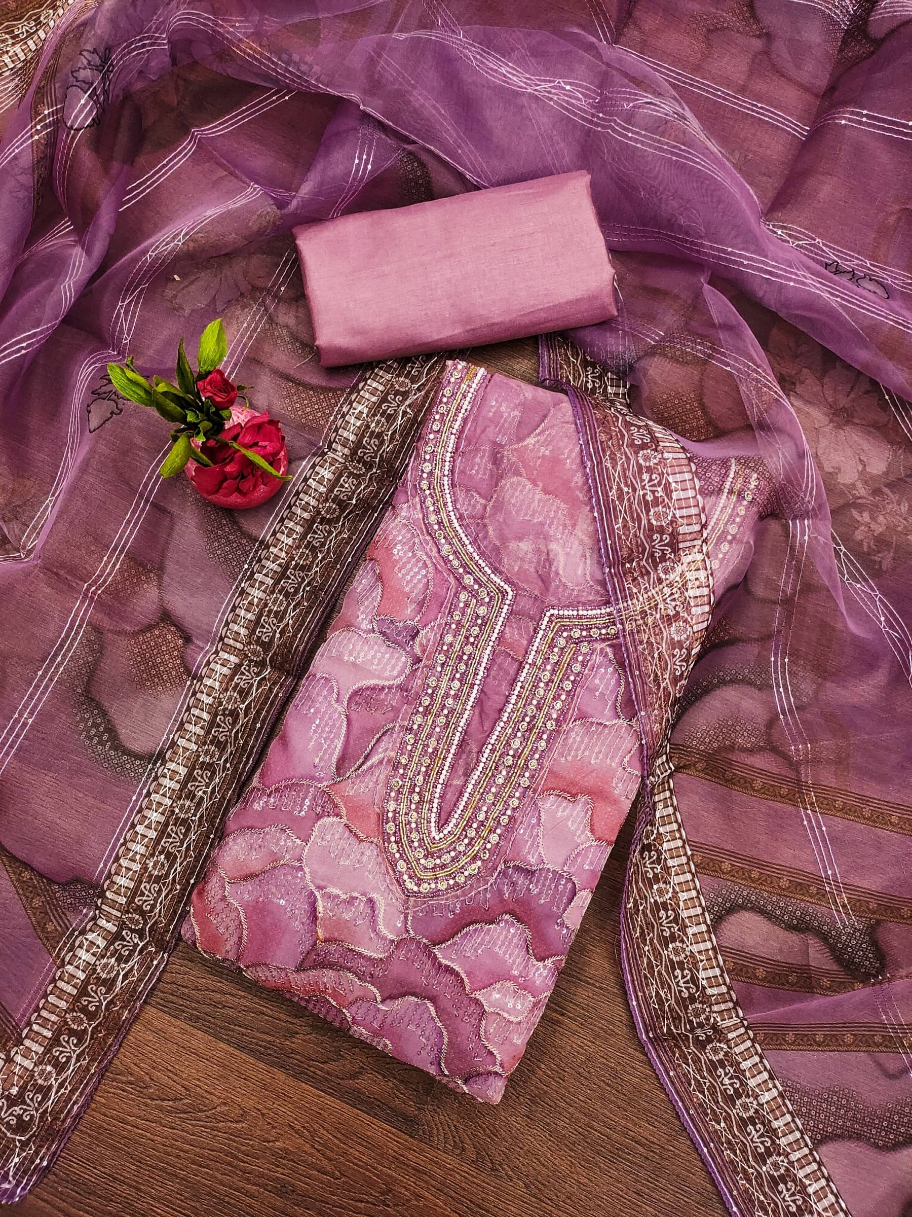 Shree Mahantam Women Organza Unstitched Dress Material ( Purple )     			Shree Mahantam Women Organza Unstitched Dress Material ( Purple )