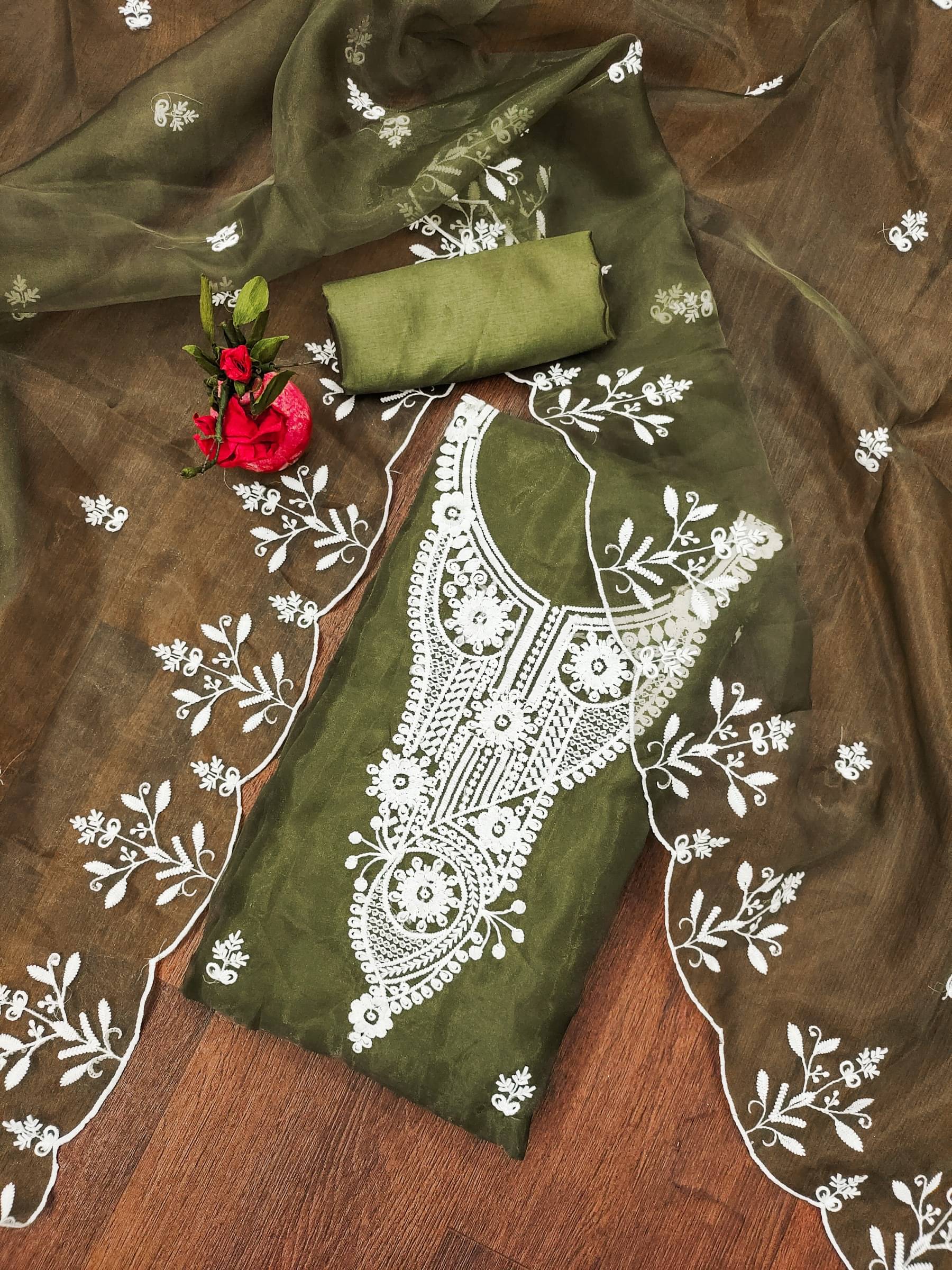 Shree Mahantam Women Organza Unstitched Dress Material ( Olive )     			Shree Mahantam Women Organza Unstitched Dress Material ( Olive )
