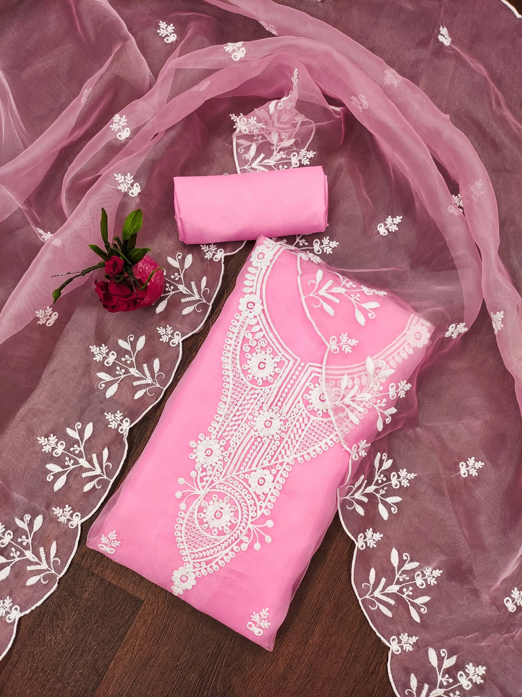 Shree Mahantam Women Organza Unstitched Dress Material ( Pink )     			Shree Mahantam Women Organza Unstitched Dress Material ( Pink )