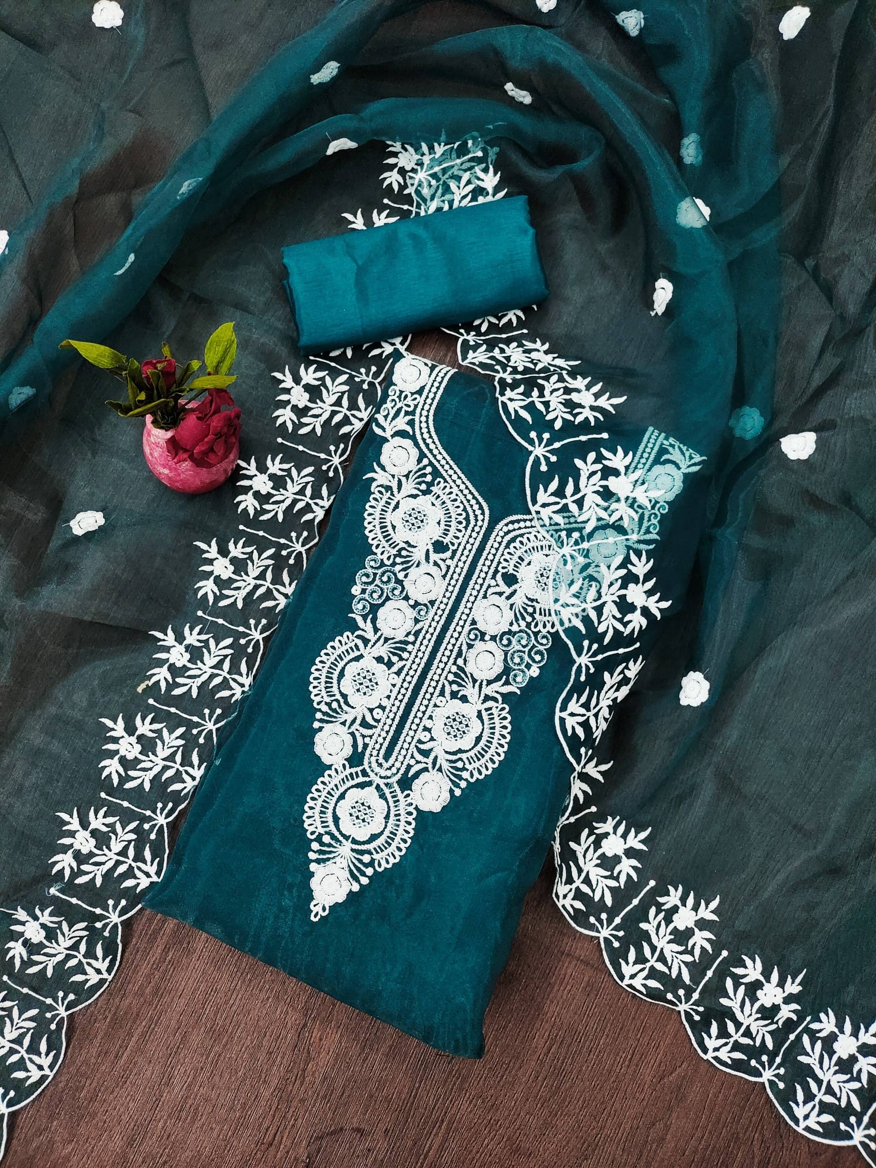 Shree Mahantam Women Organza Unstitched Dress Material ( Teal )     			Shree Mahantam Women Organza Unstitched Dress Material ( Teal )