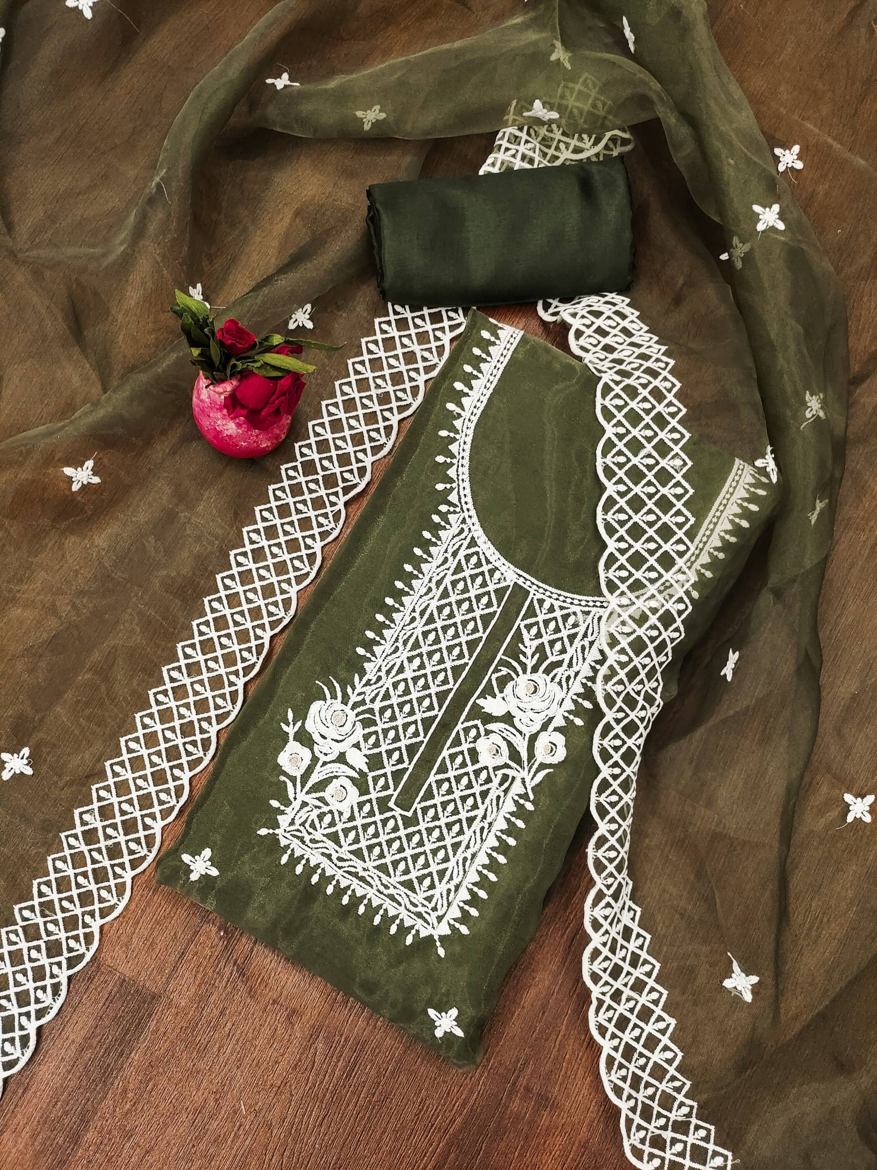 Shree Mahantam Women Organza Unstitched Dress Material ( Olive )     			Shree Mahantam Women Organza Unstitched Dress Material ( Olive )