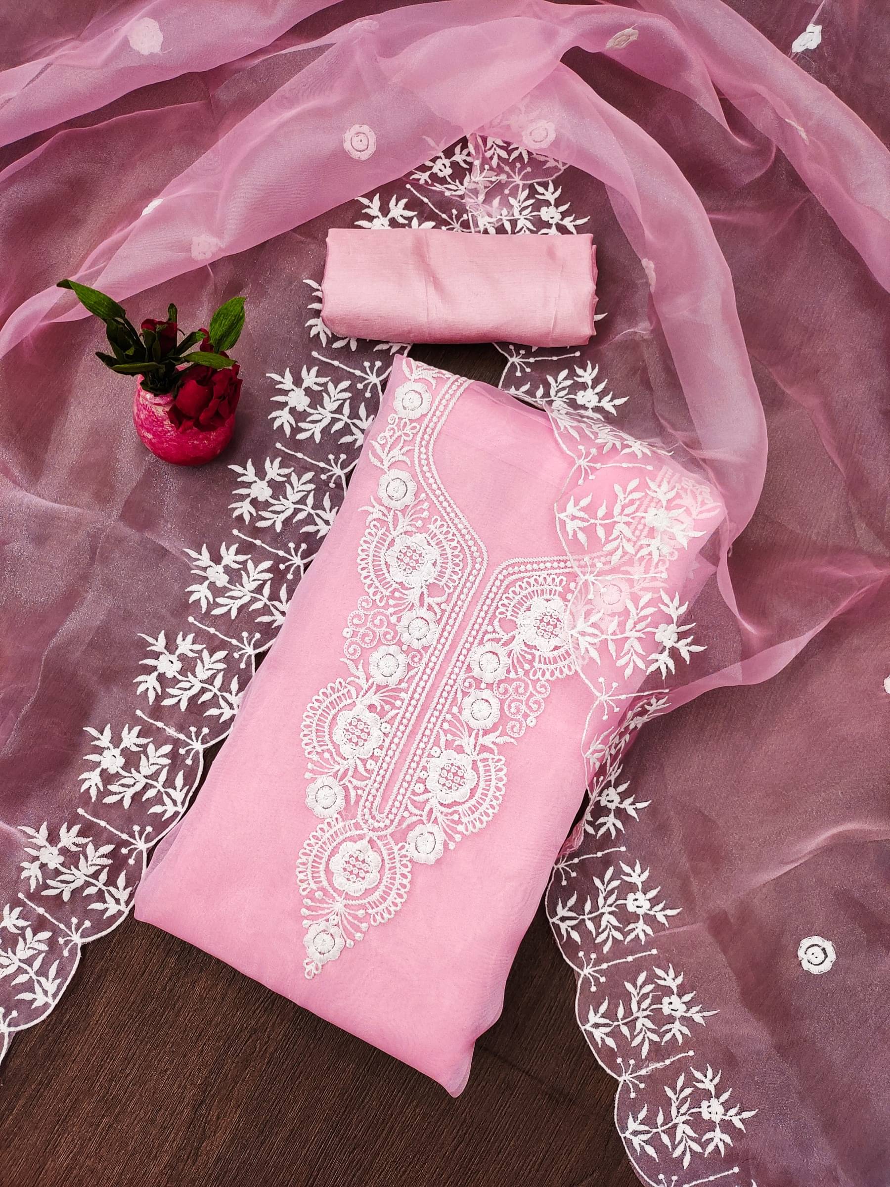 Shree Mahantam Women Organza Unstitched Dress Material ( Pink )     			Shree Mahantam Women Organza Unstitched Dress Material ( Pink )
