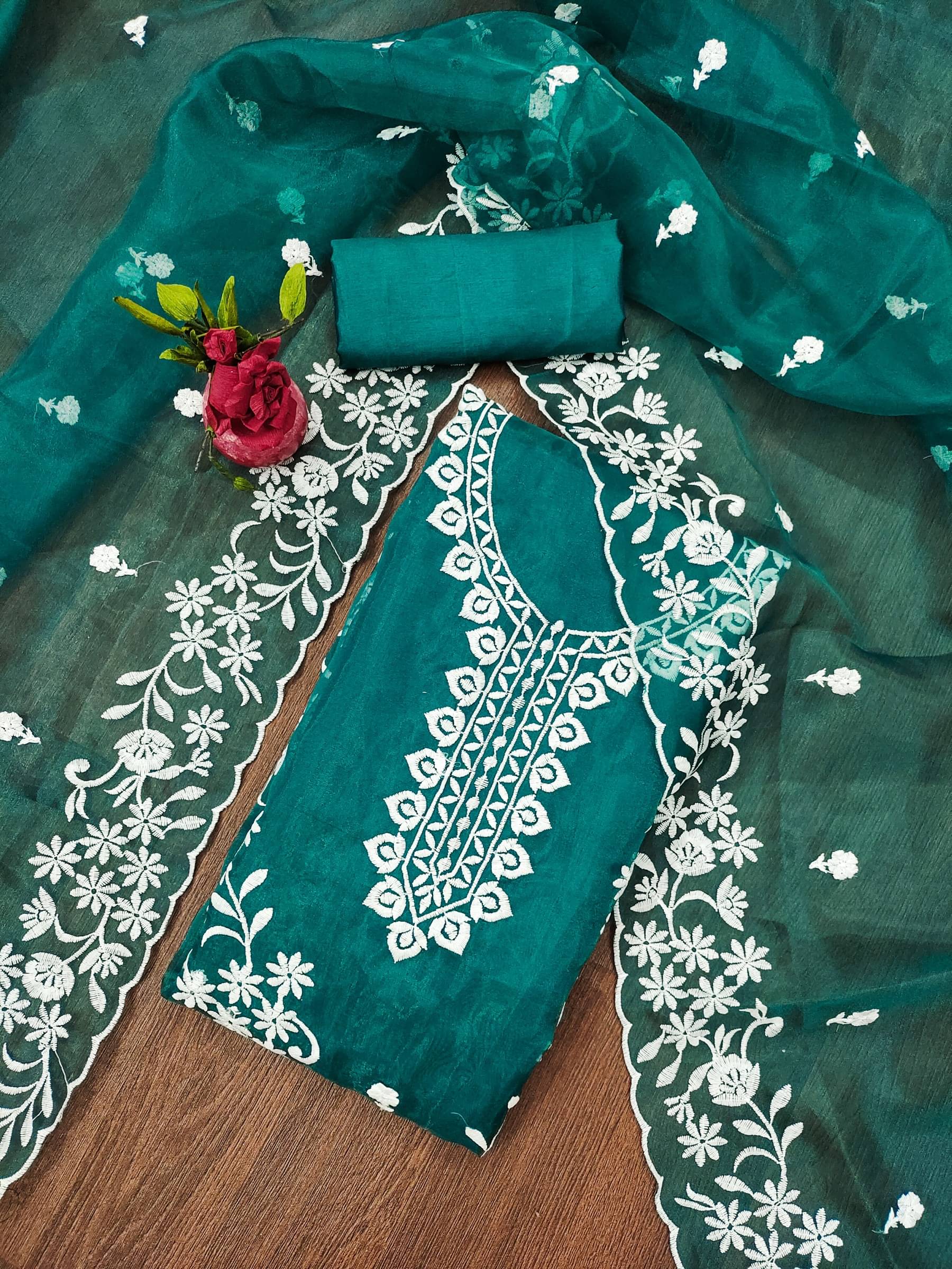 Shree Mahantam Women Organza Unstitched Dress Material ( Teal )     			Shree Mahantam Women Organza Unstitched Dress Material ( Teal )